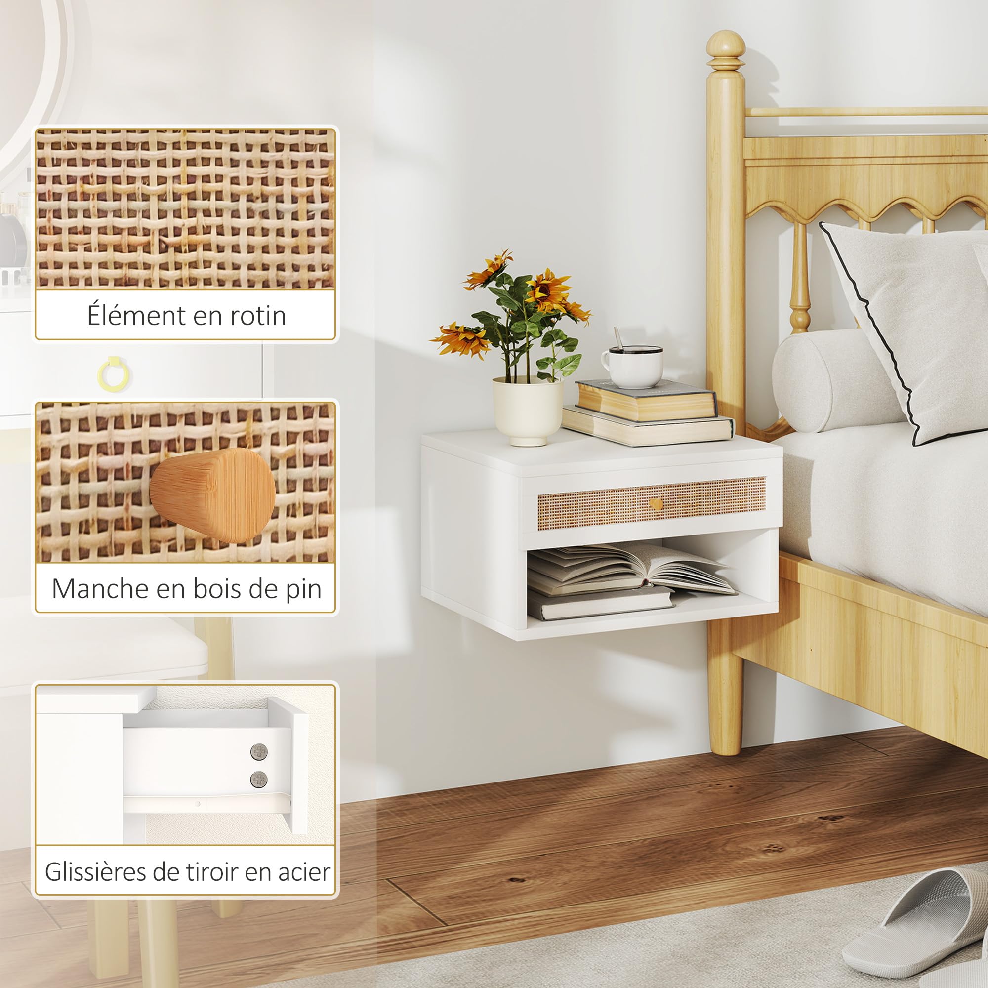 HOMCOM Set di 2 Comodini da Parete in Legno 40x34x23 cm | Comodino sospeso, cassetto scorrevole, ripiano, frontale in rattan intrecciato