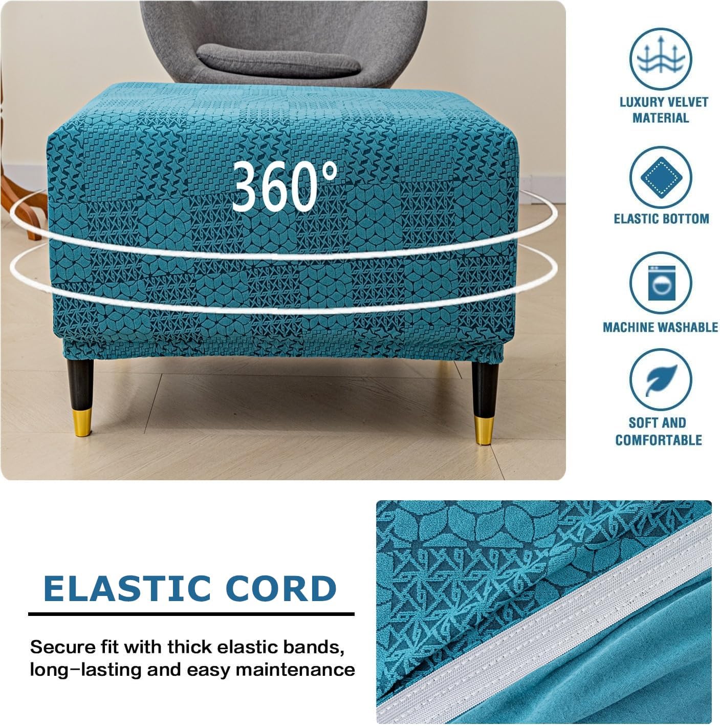 ADPON Square Jacquard Ottoman Covers Ottoman Slipcovers Folding Storage Stool Protector Elastic Bottom Stretch Jacquard Fabric (Jacquard Navy,X-Large)