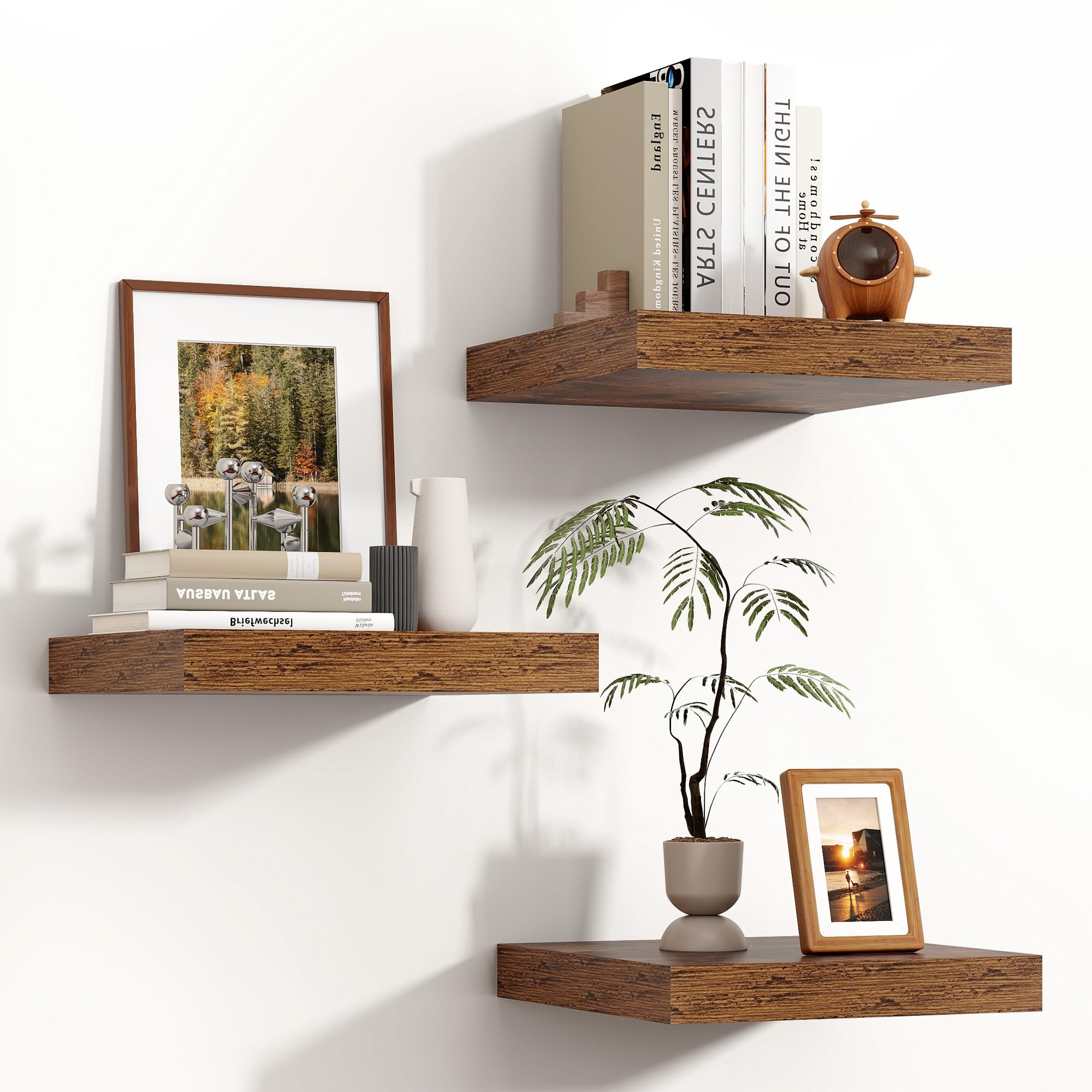 Estantes flotantes para pared, 3 estantes pequeños montados en la pared con soportes invisibles, estantes flotantes cuadrados de madera para sala de estar, dormitorio, decoración de cocina (marrón