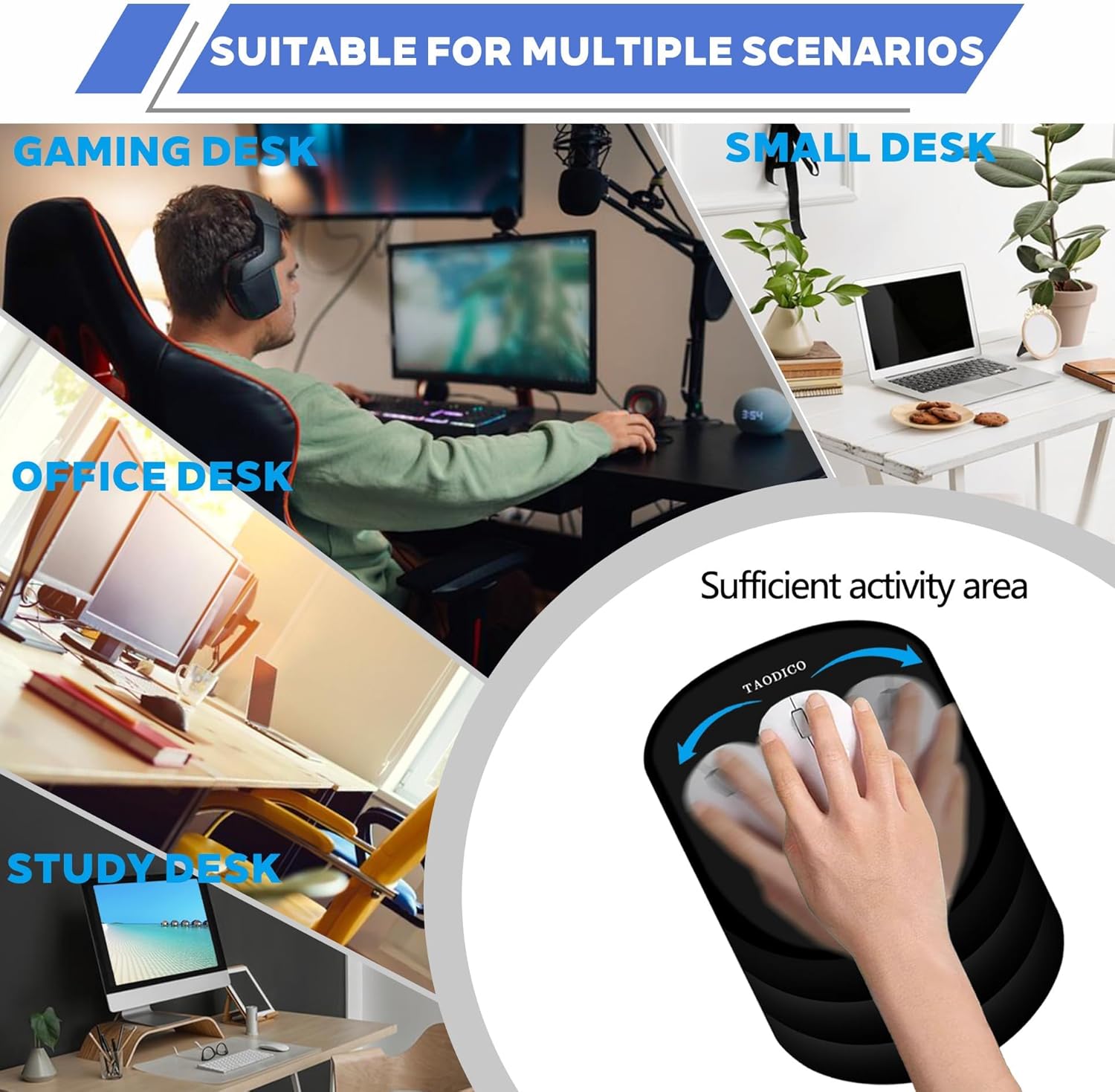 Ergonomic Mouse Pad with Wrist Rest, Milk Silk Fabric Durable Silicone Filling Non-Slip Pu Base, Massage Design Pain Relief Mousepad for Wireless Mouse and Desk, 12x8inch Black
