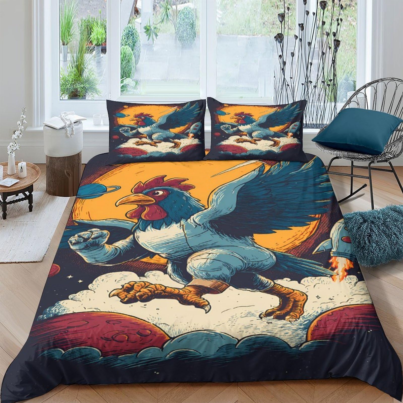 Ctjqhvkz Style-3 3D Printed Fantasy Rooster Fitted Sheet Microfiber Soft Anti-Slip Planet Mattress Cover For Bedroom Decoration Single（135X200cm）