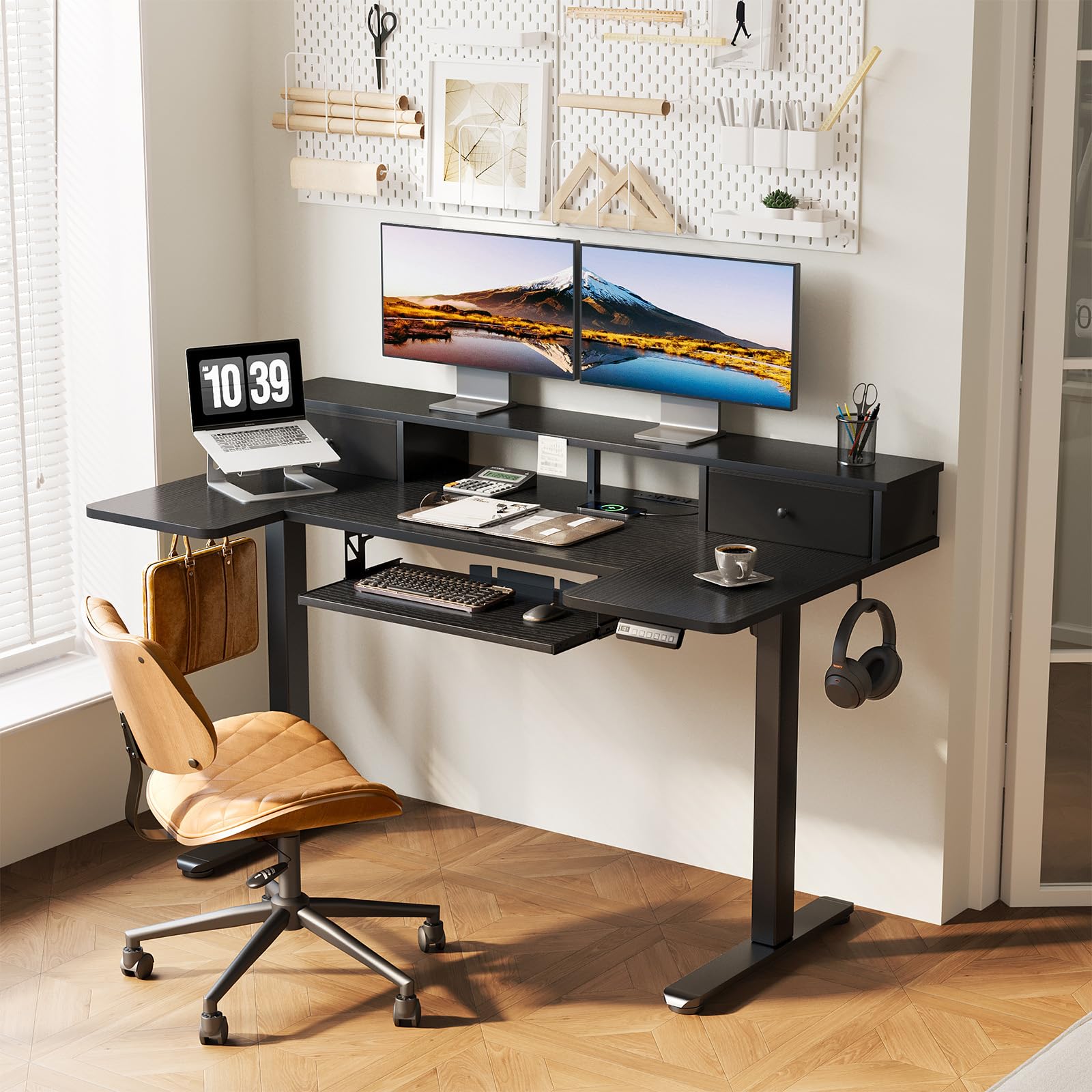 OffiGo U Shaped Electric Standing Desk with Drawers 55 Inch Height Adjustable Desk with Keyboard Tray Ergonomic Monitor — view 2