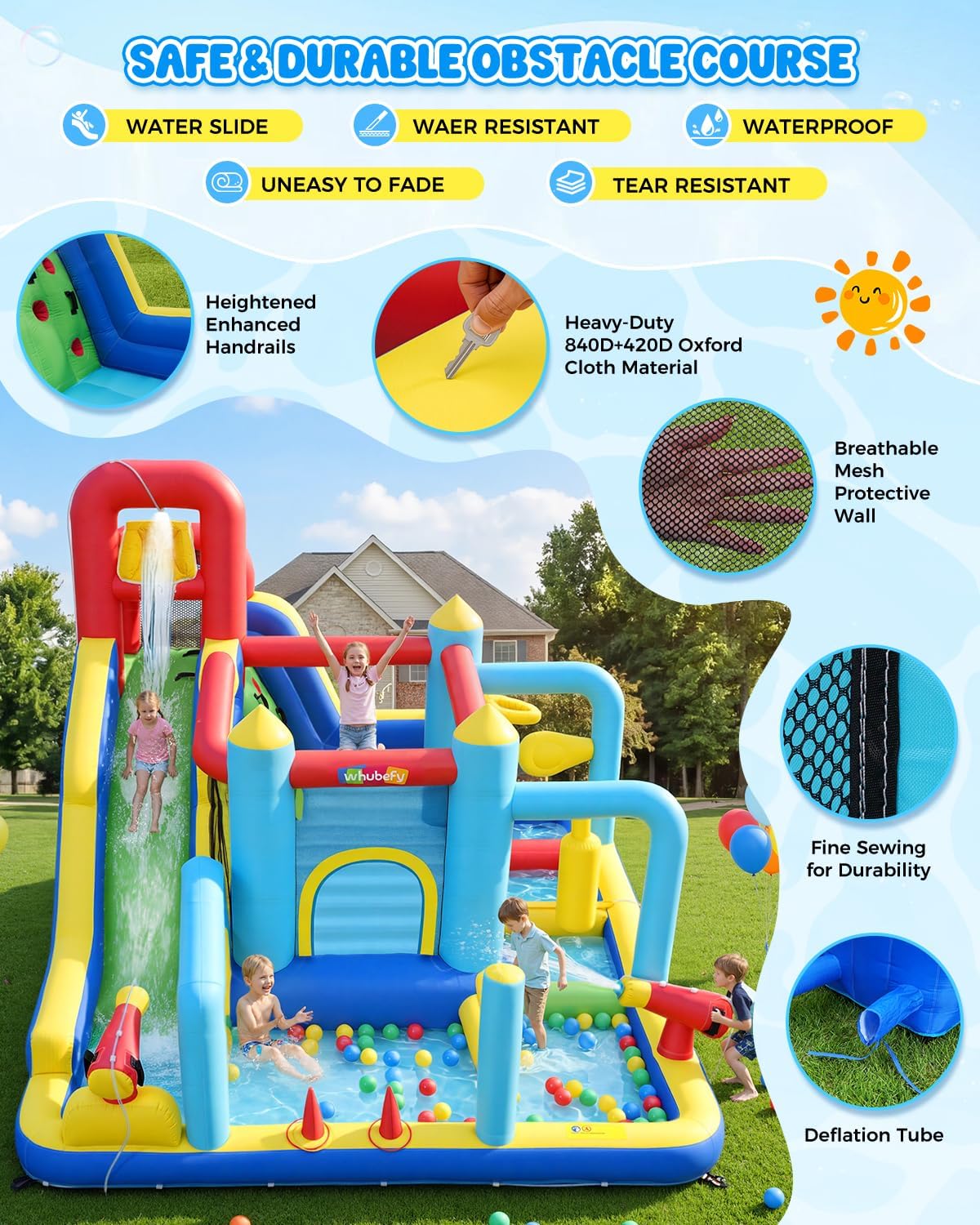 Whubefy 16-in-1 Water Slide Bounce House for Kids Backyard, 13x11x7.4FT Large Inflatable Obstacle Course Water Park w/Water Bucket/Water Guns/Ring Toss/Boxing Game/Basketball Hoop/Obstacle Tunnel/Pool