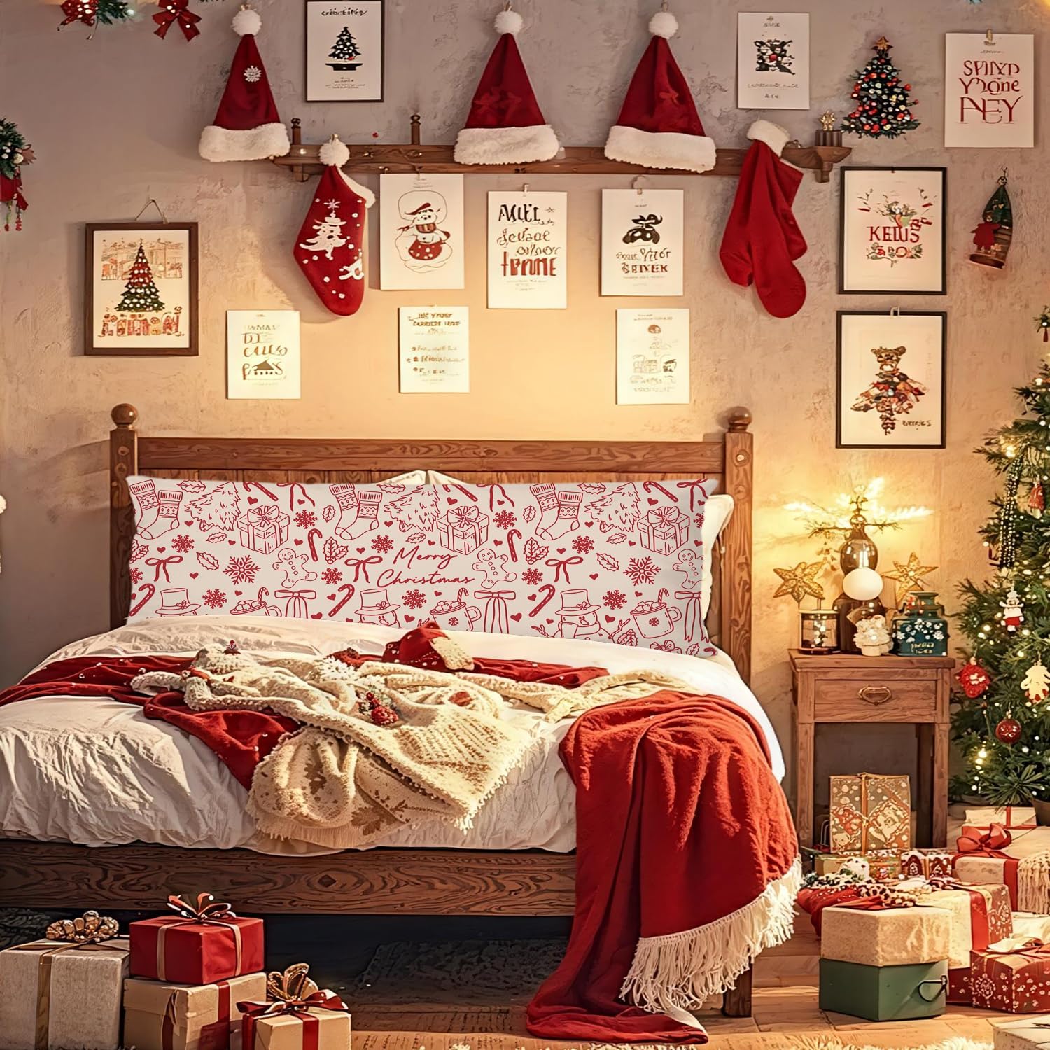 KEUSPI Red and White Boho Christmas Body Pillow Cover 20x54, Preppy Coquette Christmas Decor, Red Xmas Tree Snowman Winter Holiday Decorative Long Hug Pillow Covers for Couch Bed