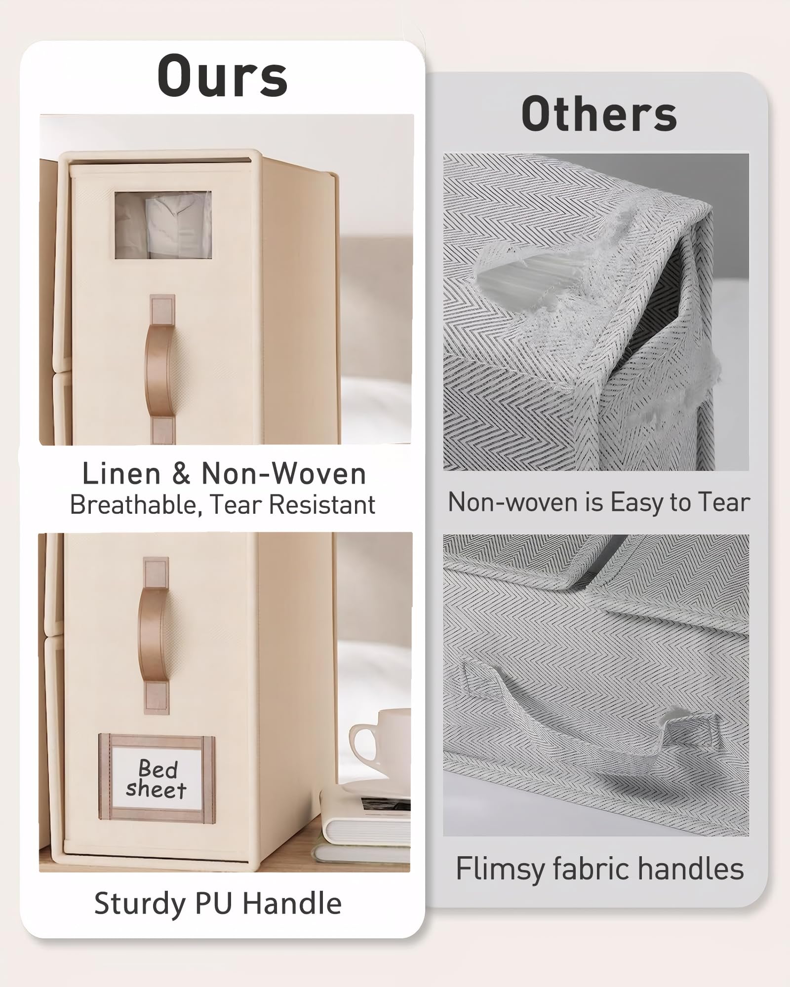 linge boite rangement drap de lit, 6 organisateur drap pliable vec fenêtre transparente & étiquette pour draps couvertures, housses, serviettes, Lin Beige