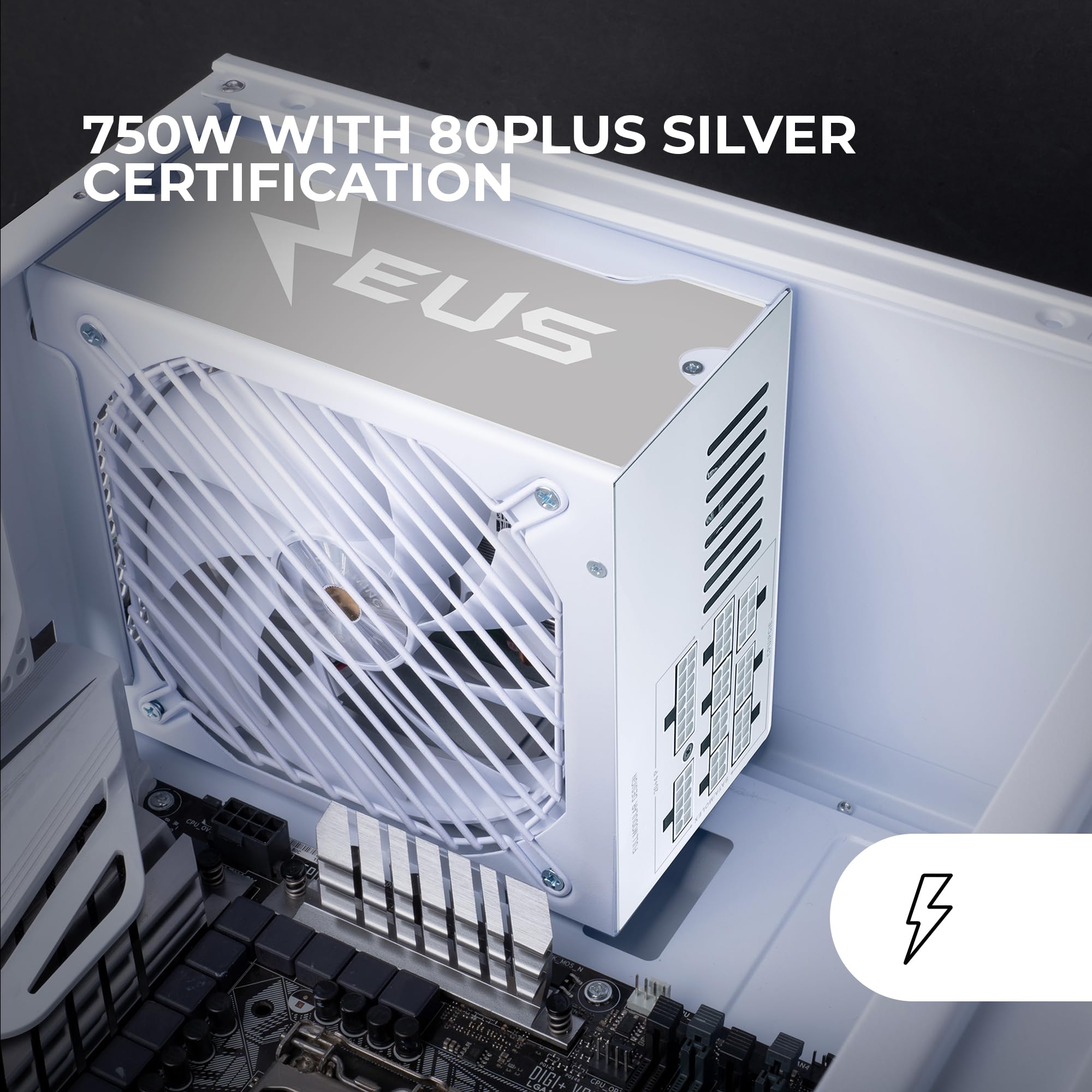 Mars Gaming MPZE750SIM, Modułowy Zasilacz ATX 750W, 10 Lat Gwarancji, 80 Plus Silver +87%, Wentylator FDB 14cm, Technologie AI2-RPM i DC-DC, Japońskie Kondensatory Toshin Kyogo 105°, Biały