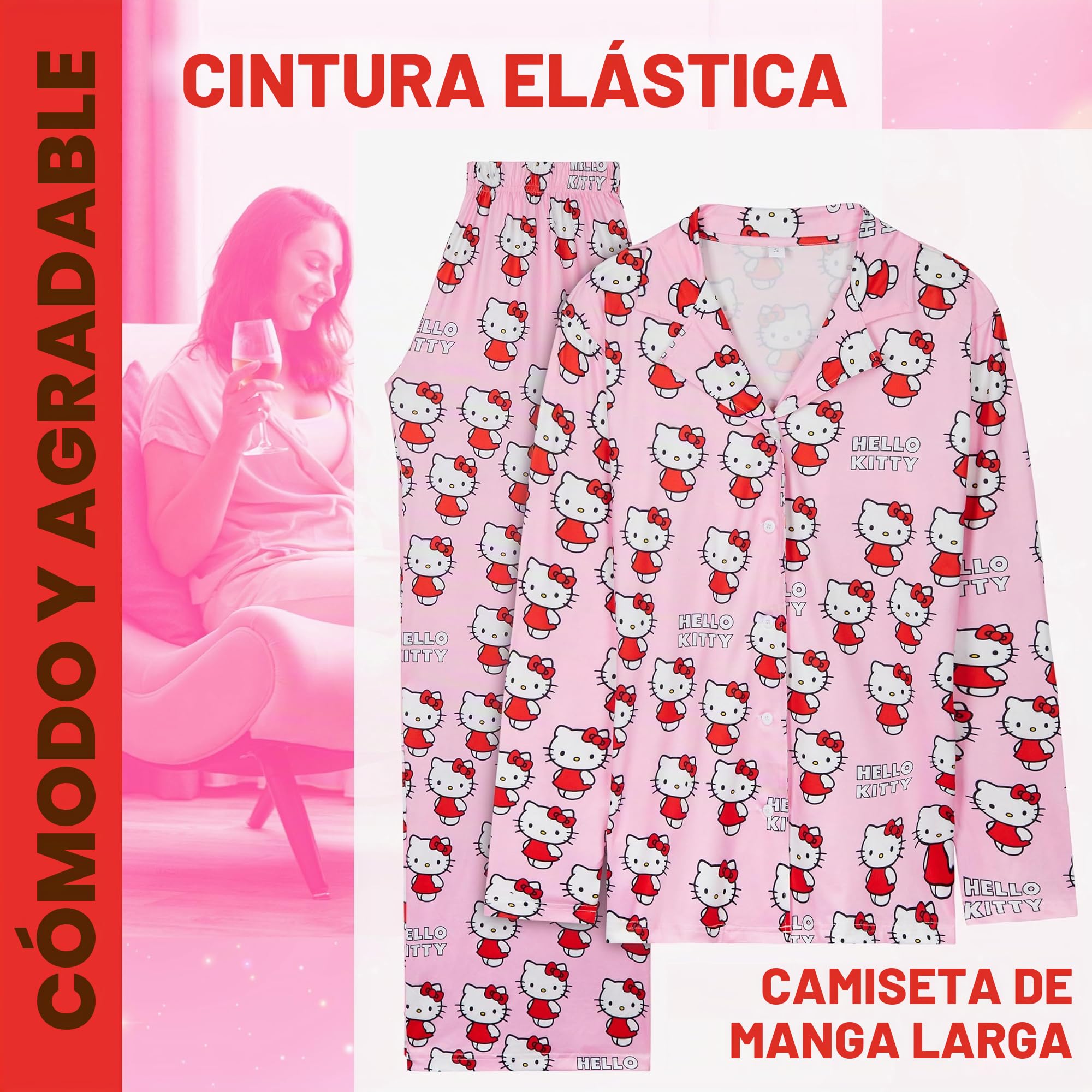 Hello Kitty Larga Pijama con Mangas para Mujer - Regalo Mujer
