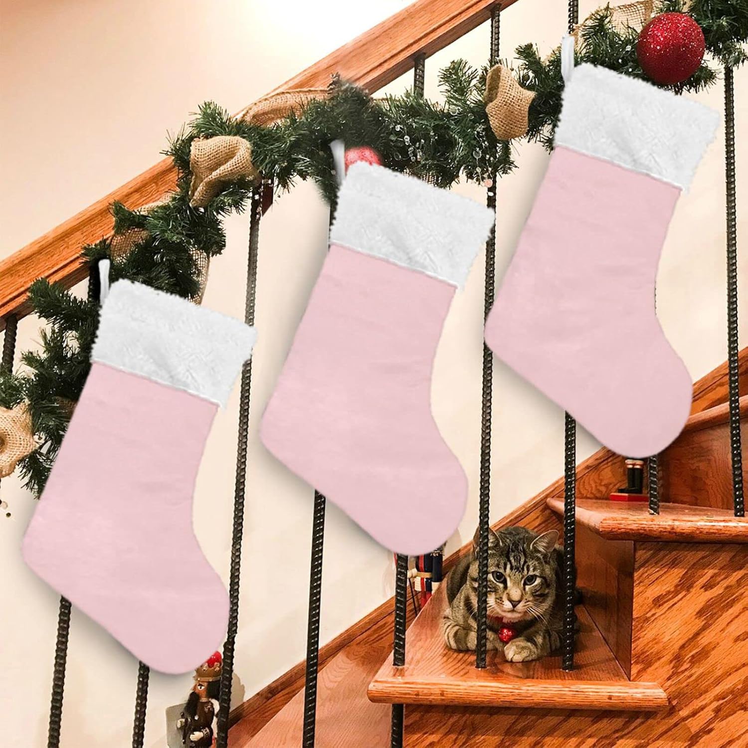 Kigai 1 Pack Christmas Stocking with Pink Solid Color Print, Soft Plush Cuff Fireplace Xmas Hanging Stockings for Family Holiday Party Decorations - Image 8