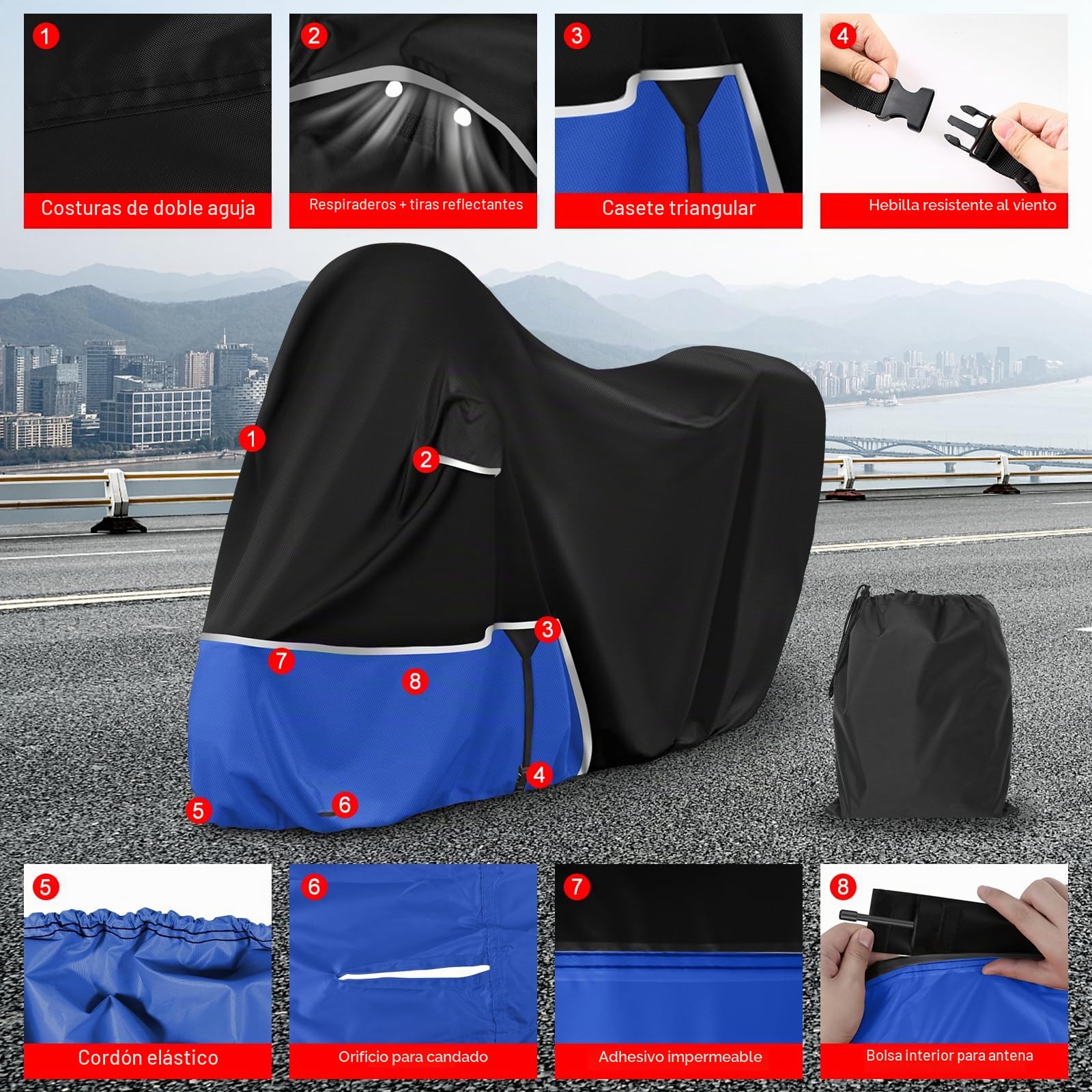 Funda para Moto para Piaggio Vespa GTV GTS GT60/125/200/250/300 | (con Maletero), Tela Oxford 420D Funda Moto Exterior Impermeable Funda Vespa 200 Vespa 125, Negro y Azul