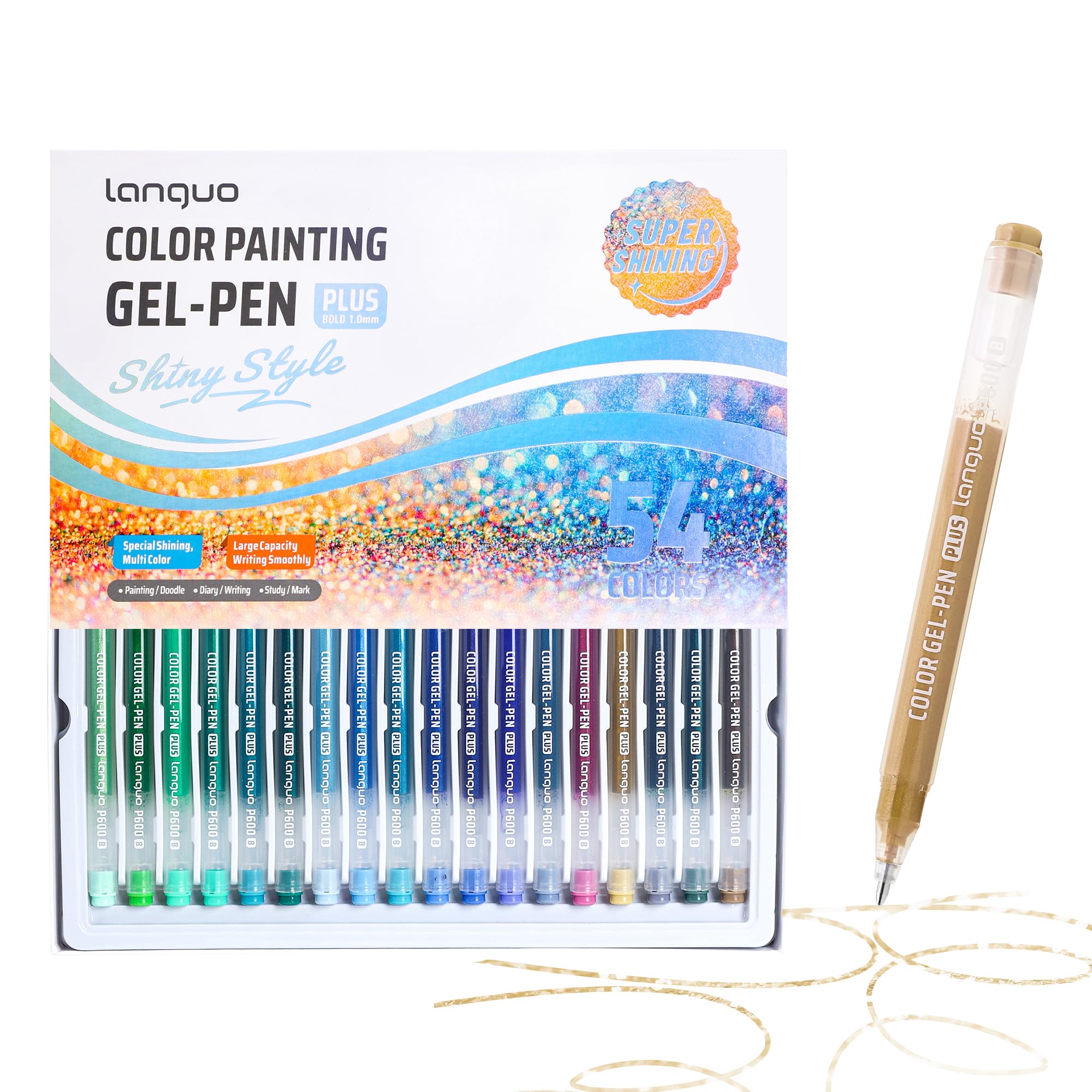 Qimiart Glitter Gel Pens, 54 Colours with 1.0mm Bold Point Gel Glitter Pens, Large Capacity Ink Pens for Colouring, Drawing, Doodling, Journaling, Scrapbooking, Writing & DIY Art Supplies