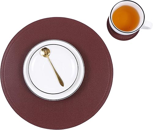 Miniatura 43 de Jovono - Juego de manteles individuales y portavasos redondos: 4 manteles y 4 portavasos de piel sintética de doble costura; diámetro de mantel de D