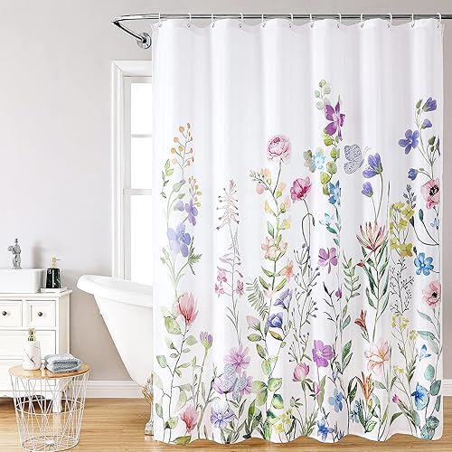 FUN WEEKEND Cortina de ducha floral con 12 ganchos, 72 x 72 pulgadas, tela de poliéster impermeable para baño, dobladillo pesado, lavable a máquina,