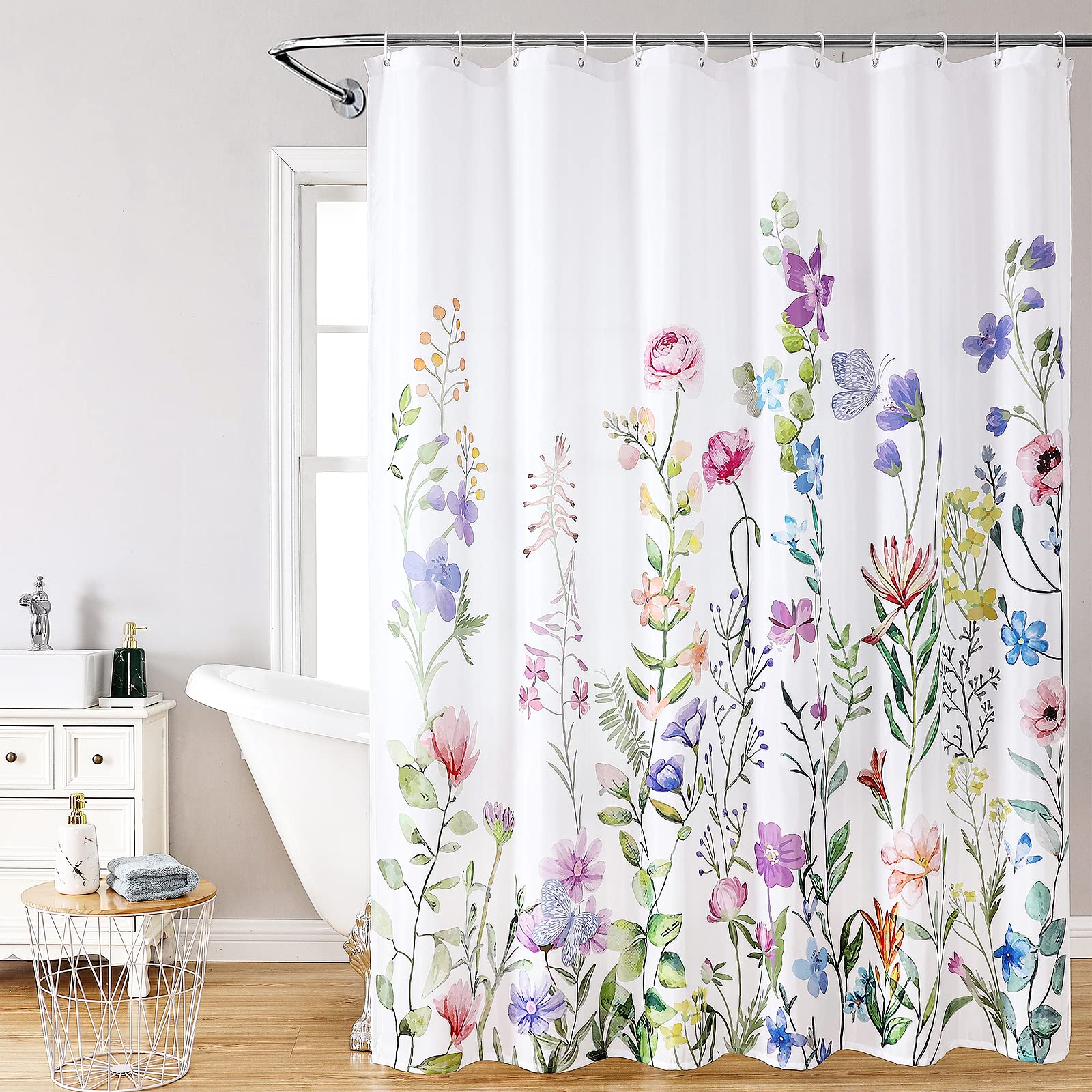 Floral Bathroom Shower Curtain with 12 Hooks, 72''x72'' Waterproof Polyester Fabric Plant Shower Curtain for Bathroom, Heavy Weighted Hem, Machine Washable Quick Dry