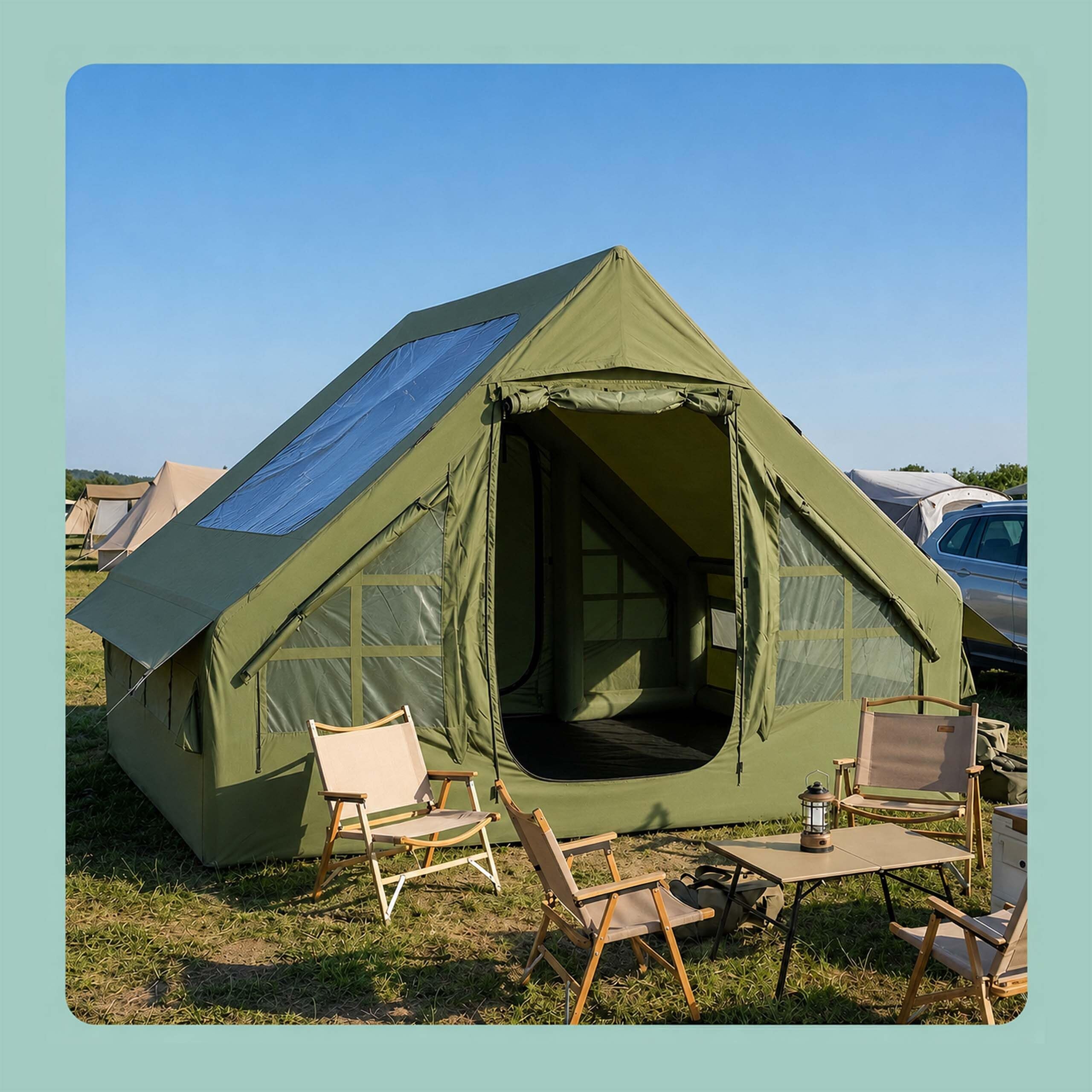 Relaxdays Tenda da campeggio gonfiabile, impermeabile, verde | HLP: 200x300x210 cm, montaggio rapido, zanzariera, pompa