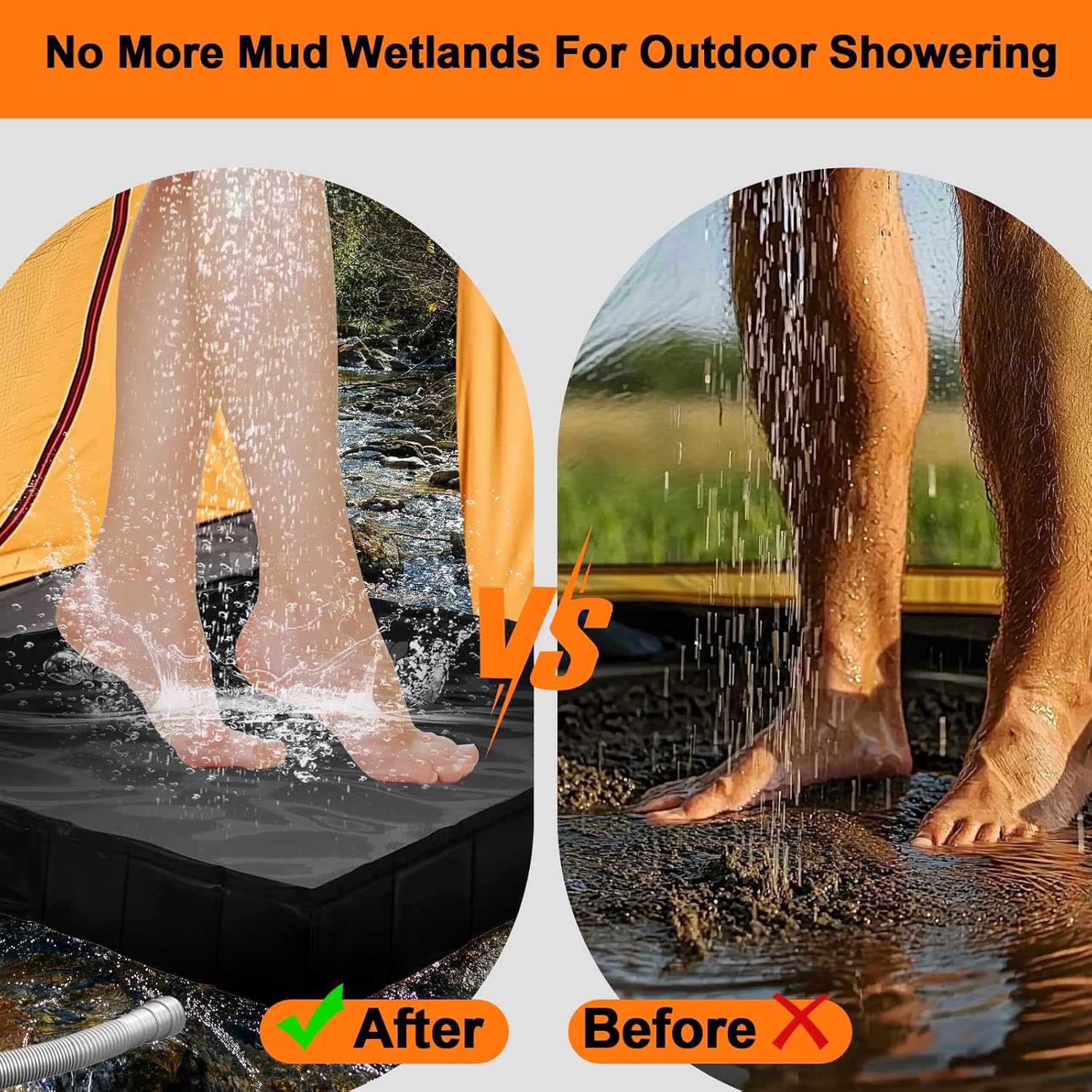 Portable Shower Base, Foldable Camping Shower Pan with Drain and Clamp to Keep Feet Clean Shower Basin Floor for Camping Showe, Beach, RV, Pte Bath Indoor Outdoor, 41" x 41" x 5"