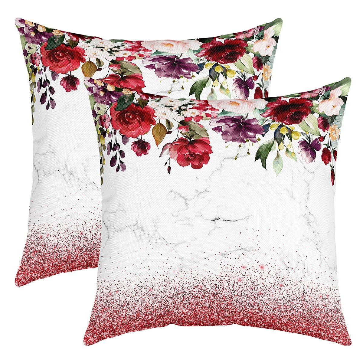 Watercolor Flowers Pillow Covers for Couch Sofa,Retro Farmhouse Style Garden Floral Pillow Cases Cushion Covers 24"x24" for Kids Adults,Luxury Rose Gold Sequin Print Square Cushion Cases Set of 2