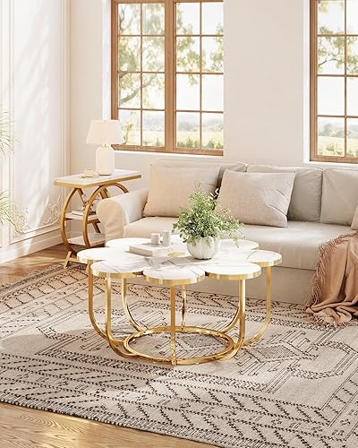 Miniatura 5 de LITTLE TREE Mesa de centro blanca y dorada de 39.37 pulgadas, moderna mesa central en forma de flor con parte superior de mármol sintético y marco