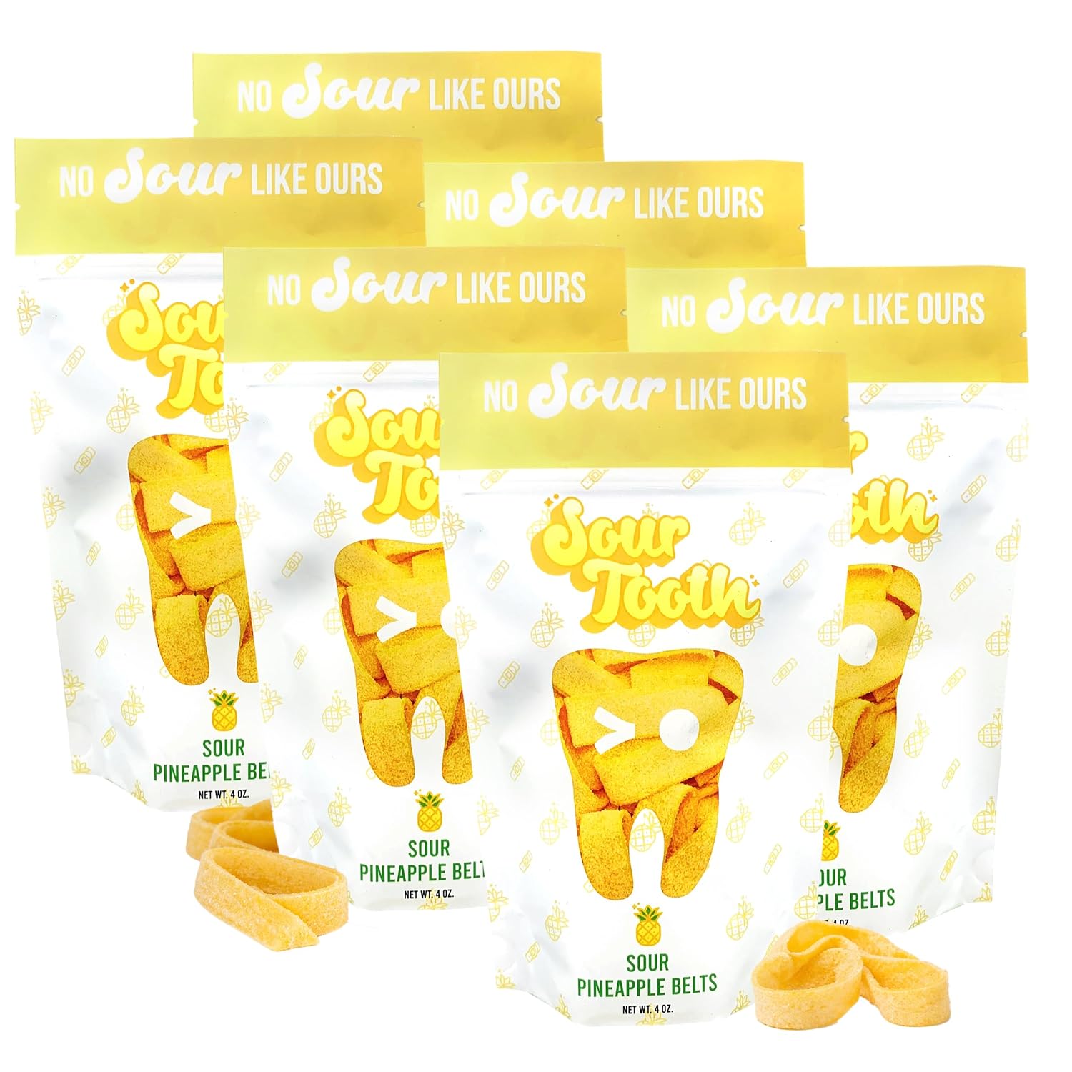 Sour Pineapple Belts, Sour Belts Candy Bulk, Pineapple Flavored Candy Strips, Fresh, Soft and Chewy, Great as Gift Snacks and Parties, 14 Per Bag, 6 Pack, 4 oz