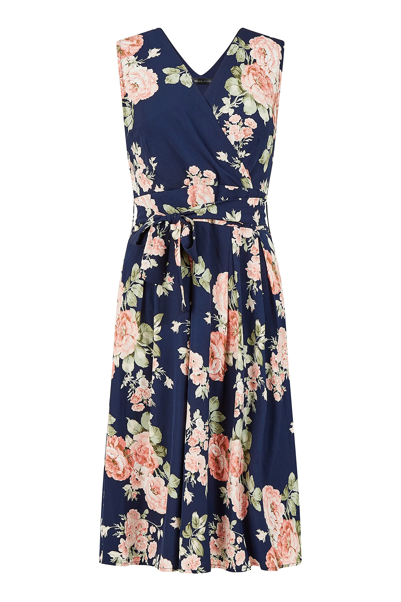Mela London Mela Navy Rose Printed Wrap Over Sleeveless Skater Dress 12 Navy