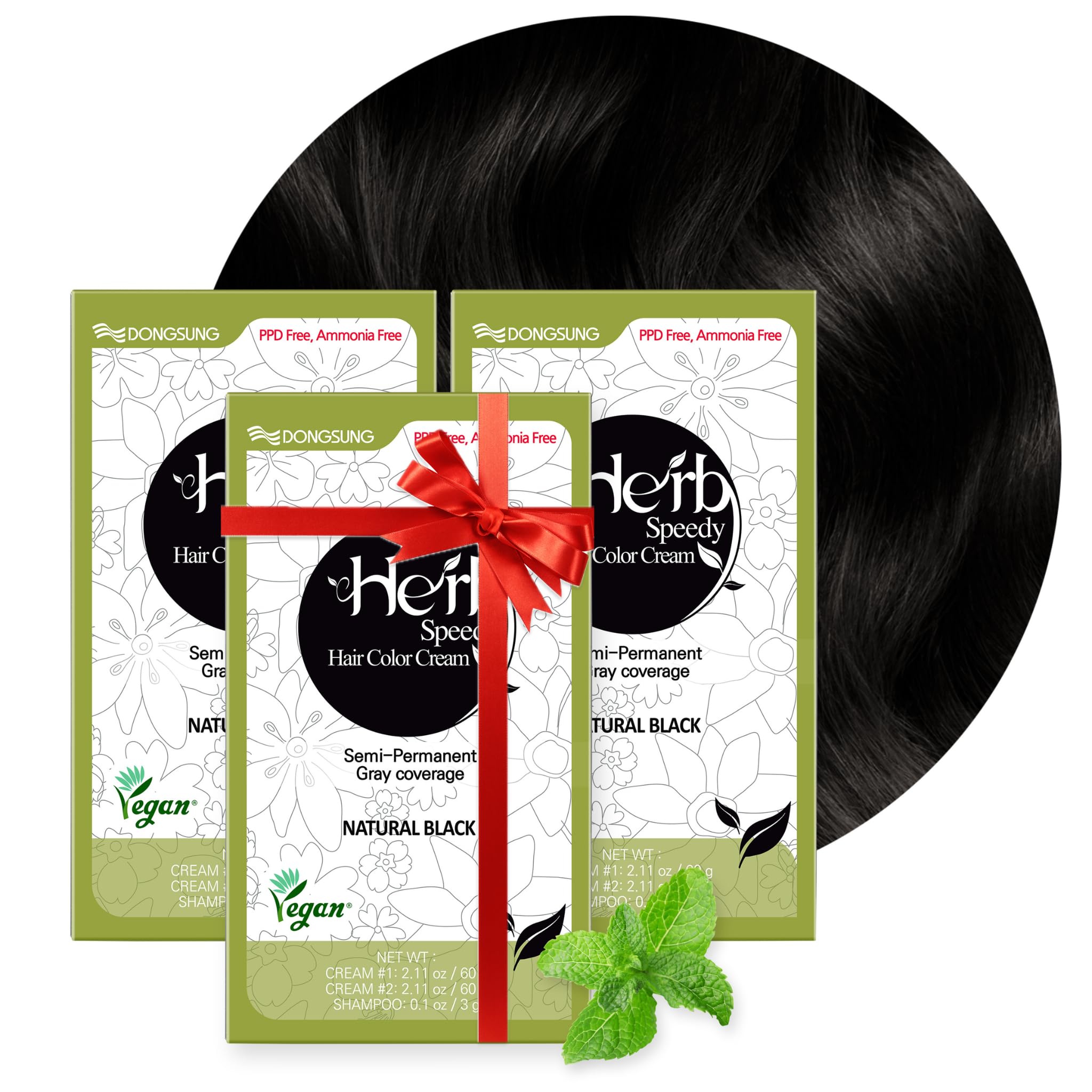 Dongsung Herb Speedy Color Cream (Natural Black, 3 Pack), PPD-Free Ammonia-Free Vegan Gray Coverage Hair Dye with Sun Protection, Odorless, Gentle for Sensitive Scalp, No Eye or Scalp Irritation