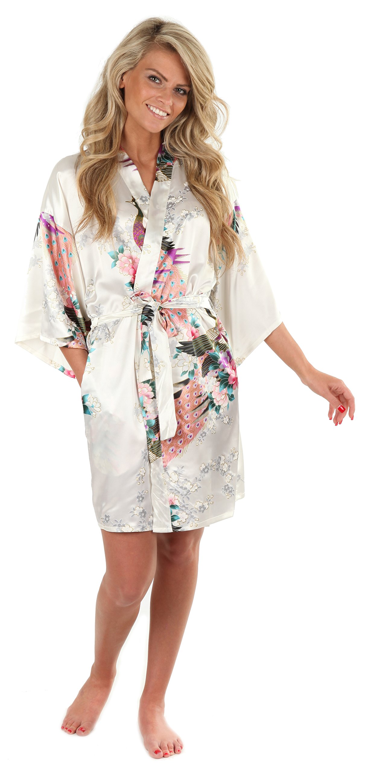 Anntourage Women's Kimono Robe, Peacock Design, Short- CLOSEOUT