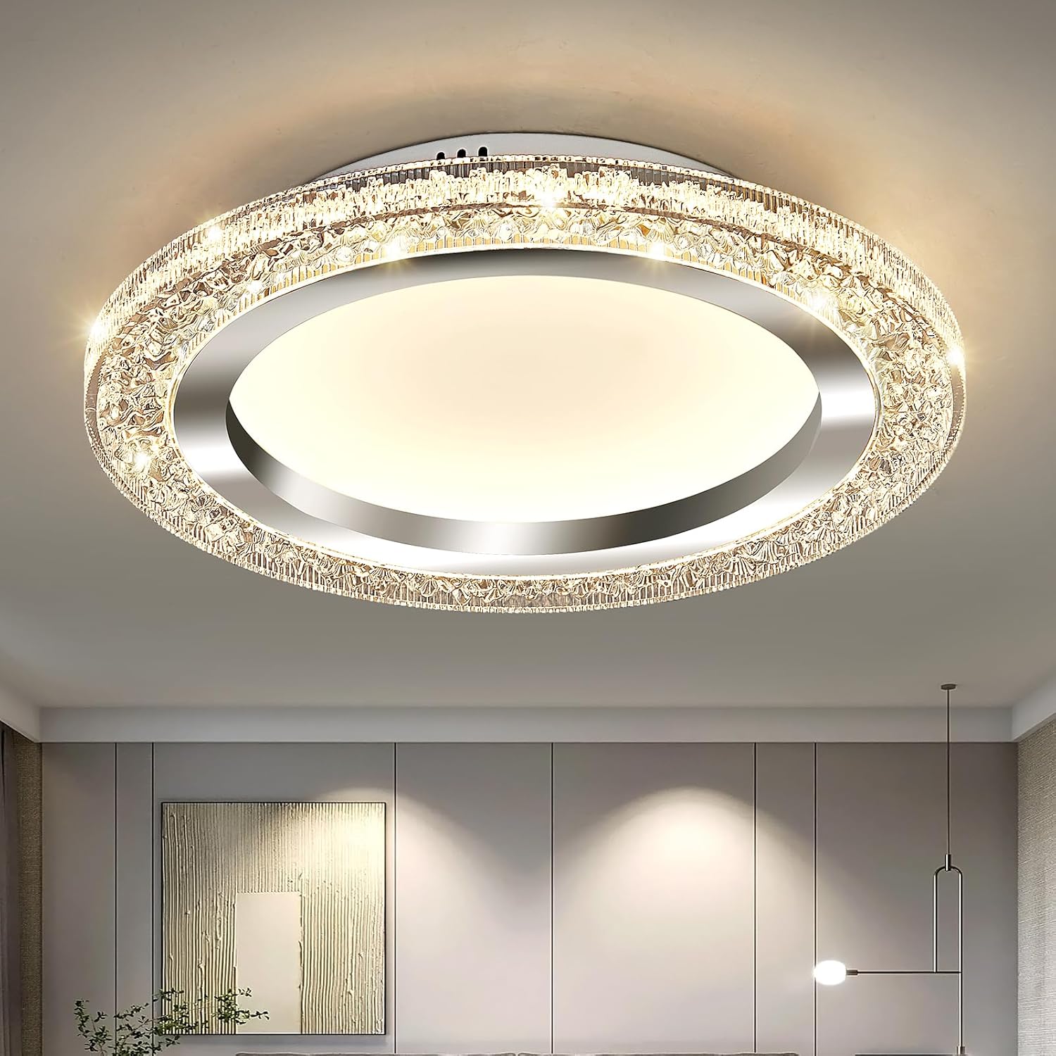 UOFUS 32W LED Flush Mount Ceiling Light Chrome 15.7inch Modern Round Ceiling Light Fixture 3000K-6000K Super Bright Circle Ceiling Lamp for Bedroom Kitchen Dining Room Entryway Hallway Foyer Silver 15.74inch