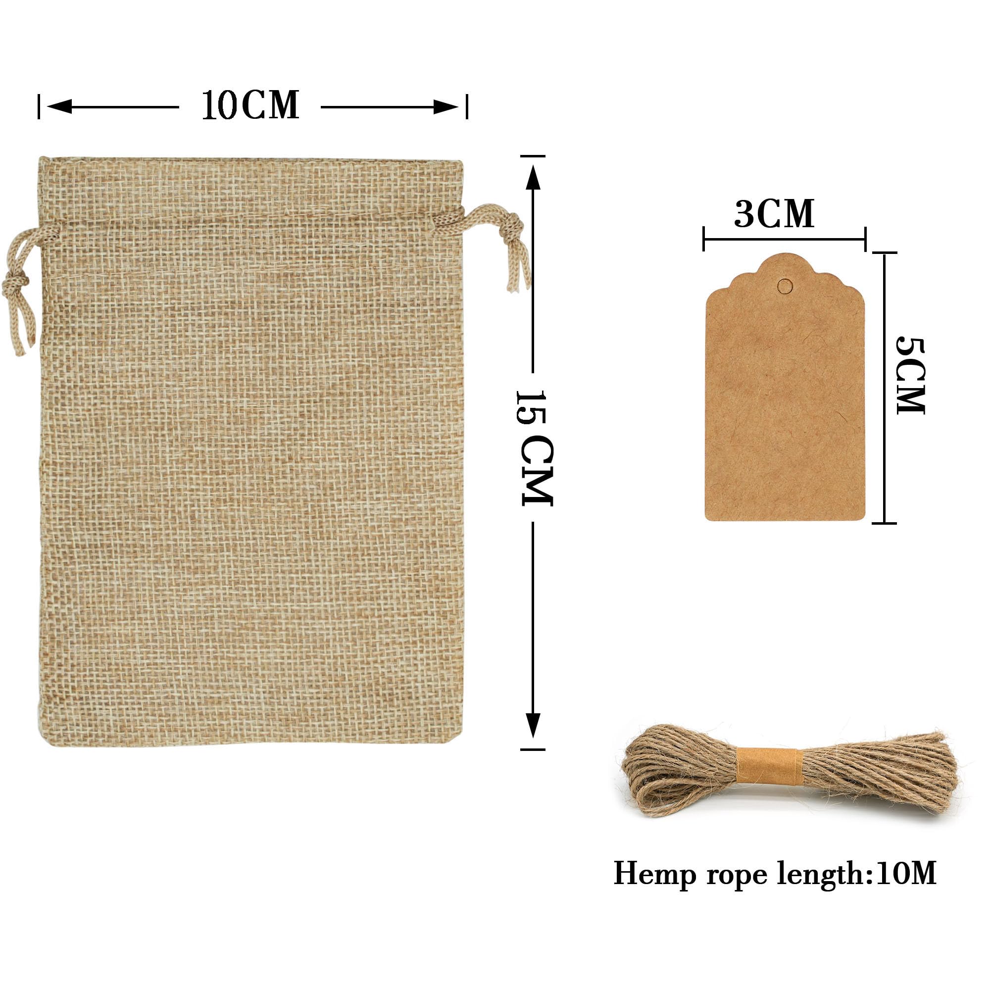50 Sacchetti Regalo In Lino E Canapa Con Coulisse + 50 Etichette + 20 M Di Corda | Ecologici E Riutilizzabili | Misura 10x15 Cm | Perfetti Per Gioielli, Saponi, Bomboniere Matrimonio E Confezioni Regalo Fai Da Te