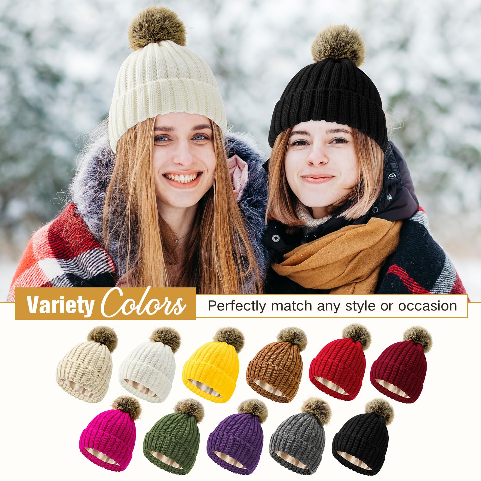 Gorro de invierno con forro de satén para mujer, gorro de invierno con forro de seda, gorro con pompón desmontable