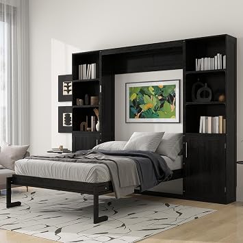 Merax Queen Size Murphy Bed with Storage Shelves and Cabinets, Farmhouse Solid Wood Murphy Cabinet Beds, Space-Saving Foldable Wall Beds for Bedroom, Guest Room,Black
