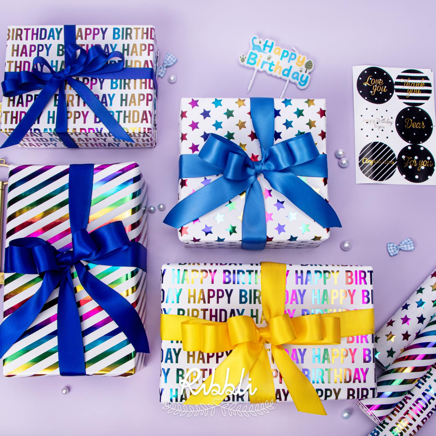 Ribbli Papel de regalo de cumpleaños iridiscente de 30 pulgadas, 4 rollos de papel de regalo de feliz cumpleaños, lunares, rayas, estrellas, surtido de 120 pulgadas por rollo