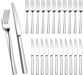 Homikit Steak Cutlery Set, 24-Piece Stainless Steel Steak Knife and Steak Fork, Steak Cutlery Set for 12 People, Silver Cutlery Set with Square Handle for Home, Restaurant, Hotel, Rustproof and