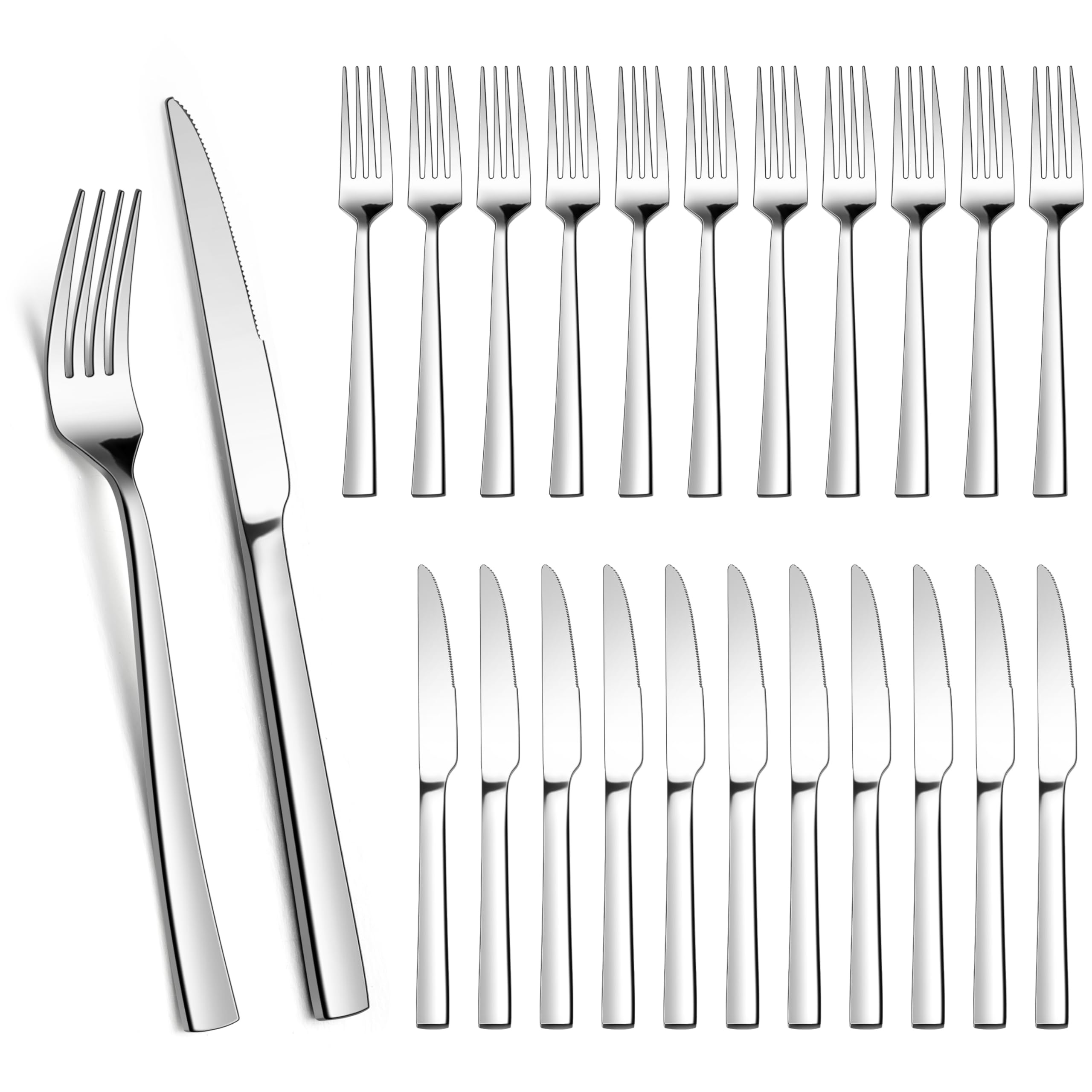 Homikit Steakbesteck Set, 24-teilig Edelstahl Steakmesser und Steakgabel, Steakbesteck Set für 12 Personen, Silber Besteckset mit Quadrat Griff für Haus Restaurant Hotel, Rostfreie & Spülmaschinenfest