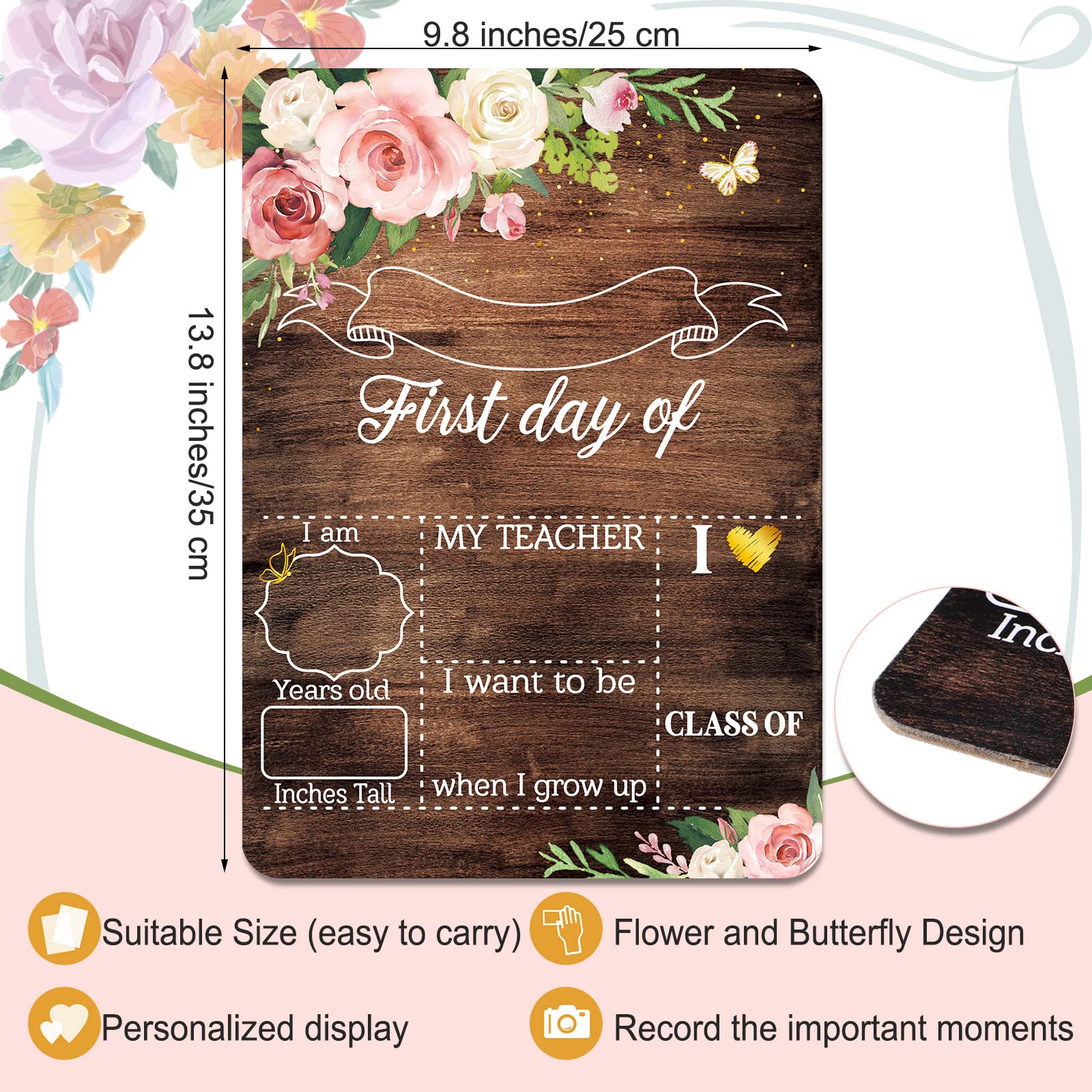 Tablero escolar para el primer día y el último día cartel floral para el primer día de escuela tablero de tiza de madera para el primer día pizarra escolar para niños preescolar 13.8 x 9.8 pulgadas