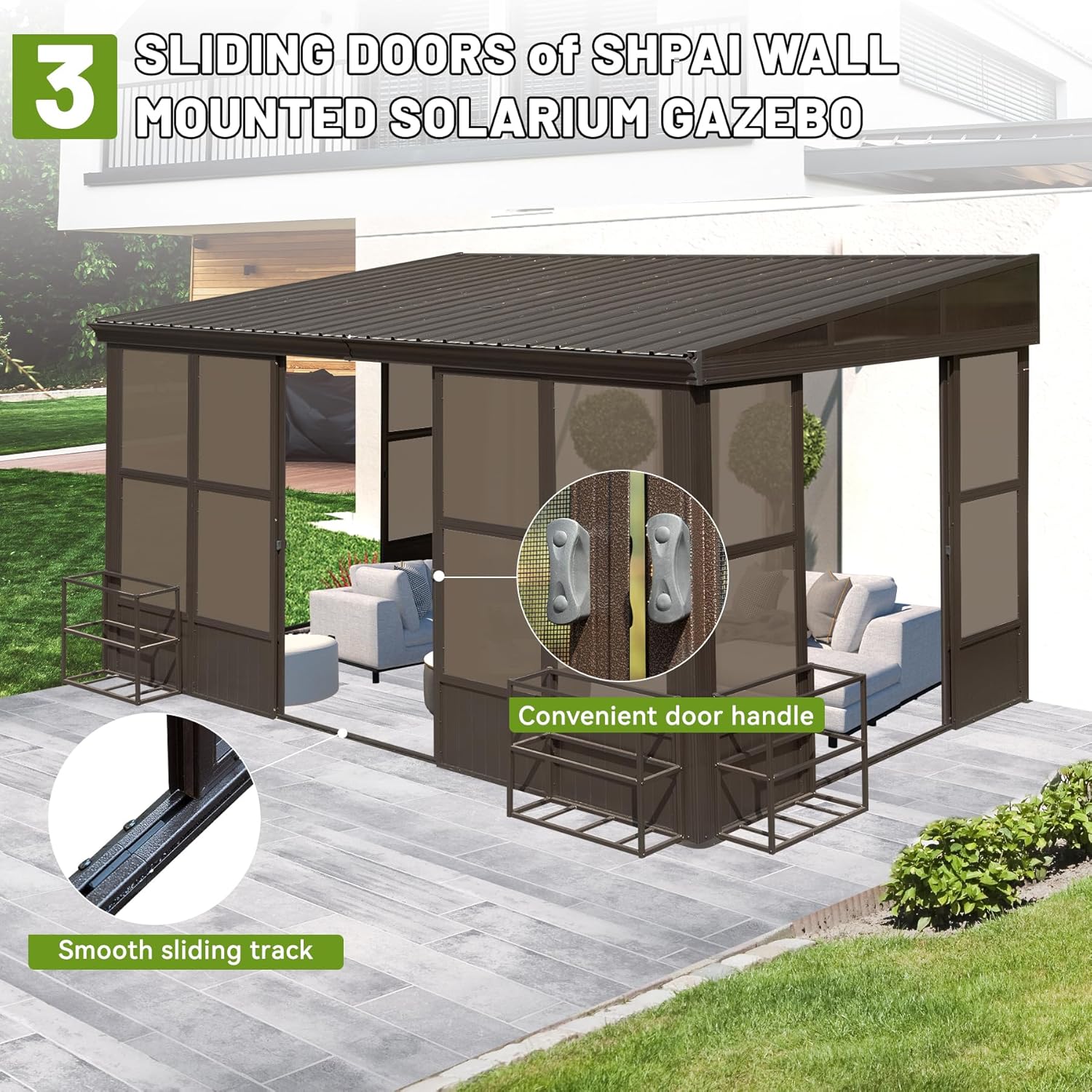 Image showing the sliding doors of the sunroom with a close-up of the door handle and track.