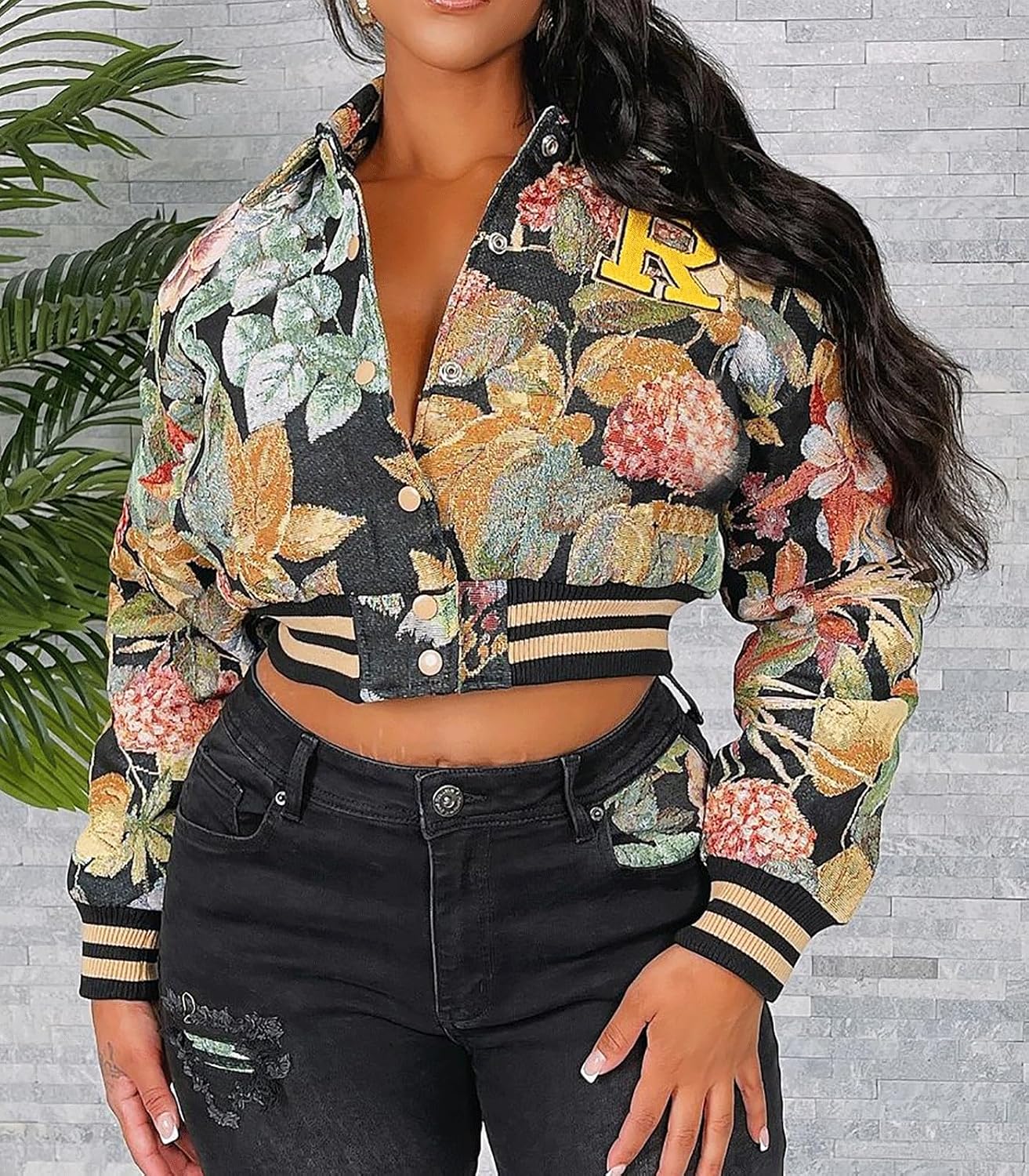 KANSOON Varsity Jacket Women Bomber Textured Floral Cropped Jackets Letterman Snap Buttons Long Sleeves Coats