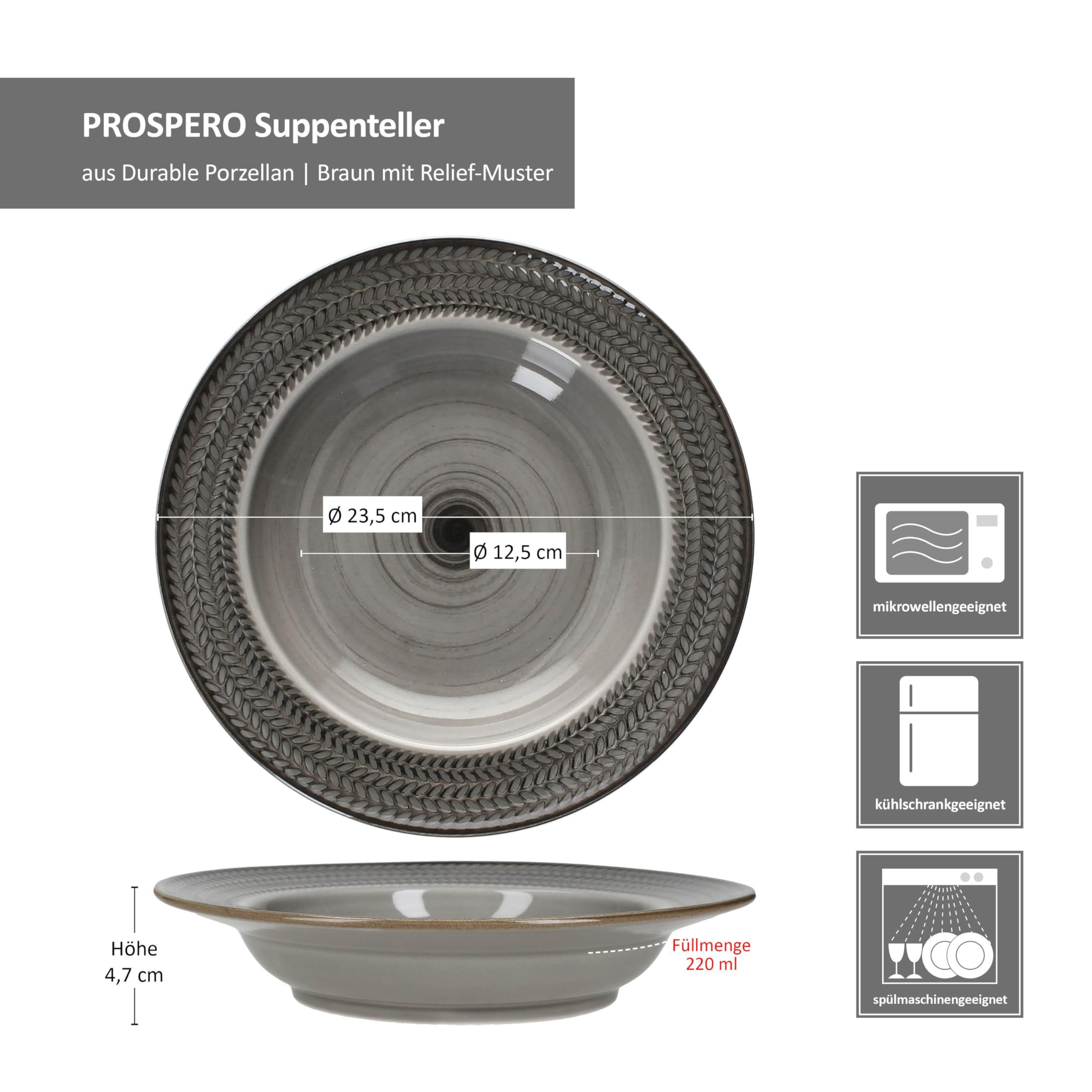 MÄSER Prospero 6-częściowy zestaw talerzy do zupy, 220 ml, brązowe talerze porcelanowe z reliefem dla 6 osób, głębokie talerze do sałatek, zupy, musli, makaronu itp.