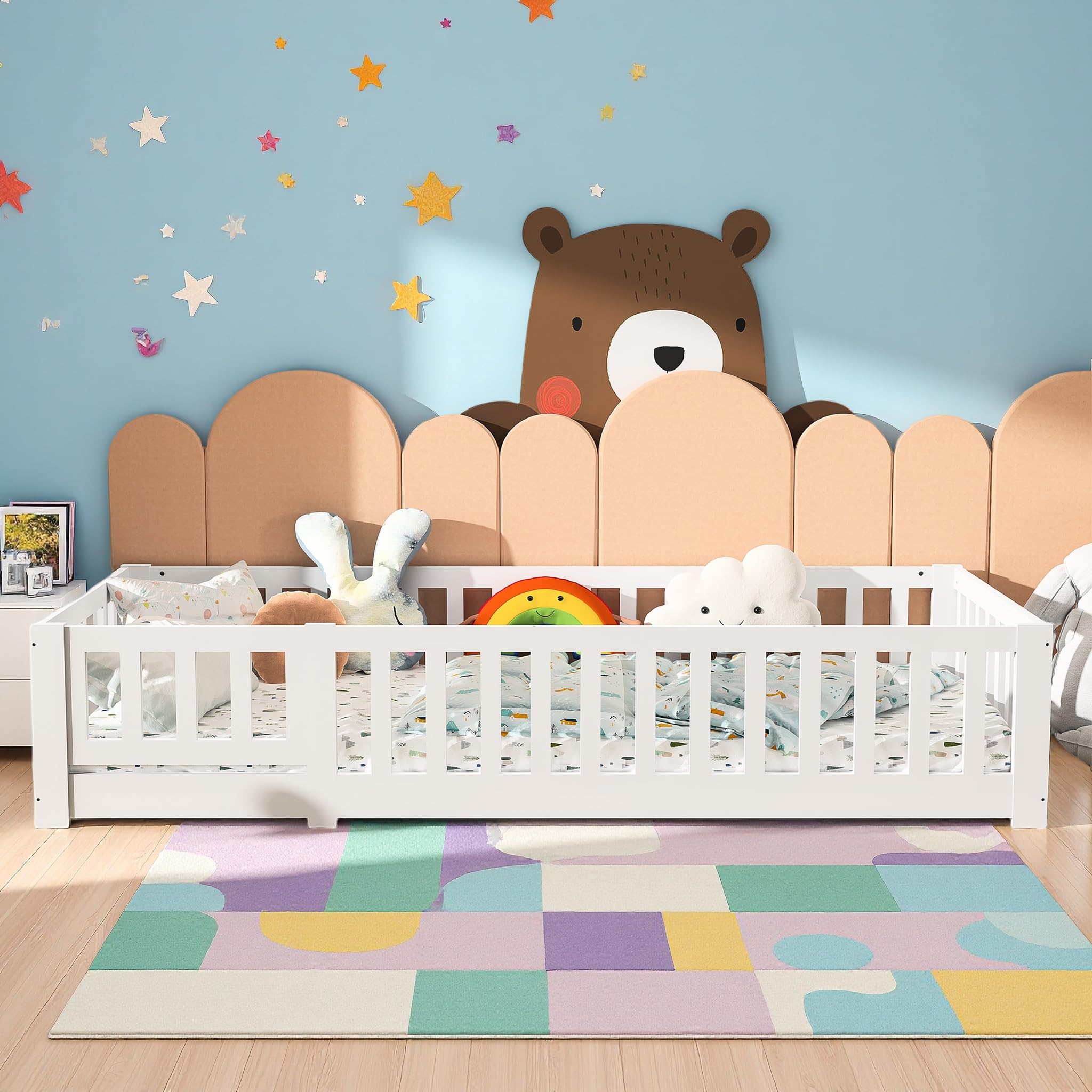 Kinderbett Bodenbett 90x200 cm, Montessori Kinder Bett mit Rausfallschutz & Lattenrost, Babybett Jugendbett Einzelbett für Jungen & Mädchen aus Kiefer Massivholz, Ohne Matratze, Weiß