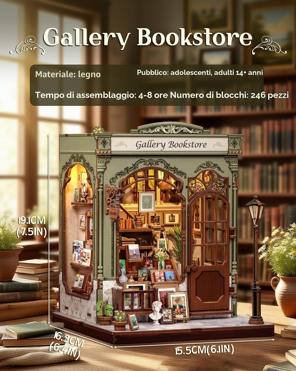 CUTEBEE Book Nook: Kit Casetta Fai da Te, Miniatura Retro in Legno 3D, Fermalibri Decorazione (Gellery Bookstore)