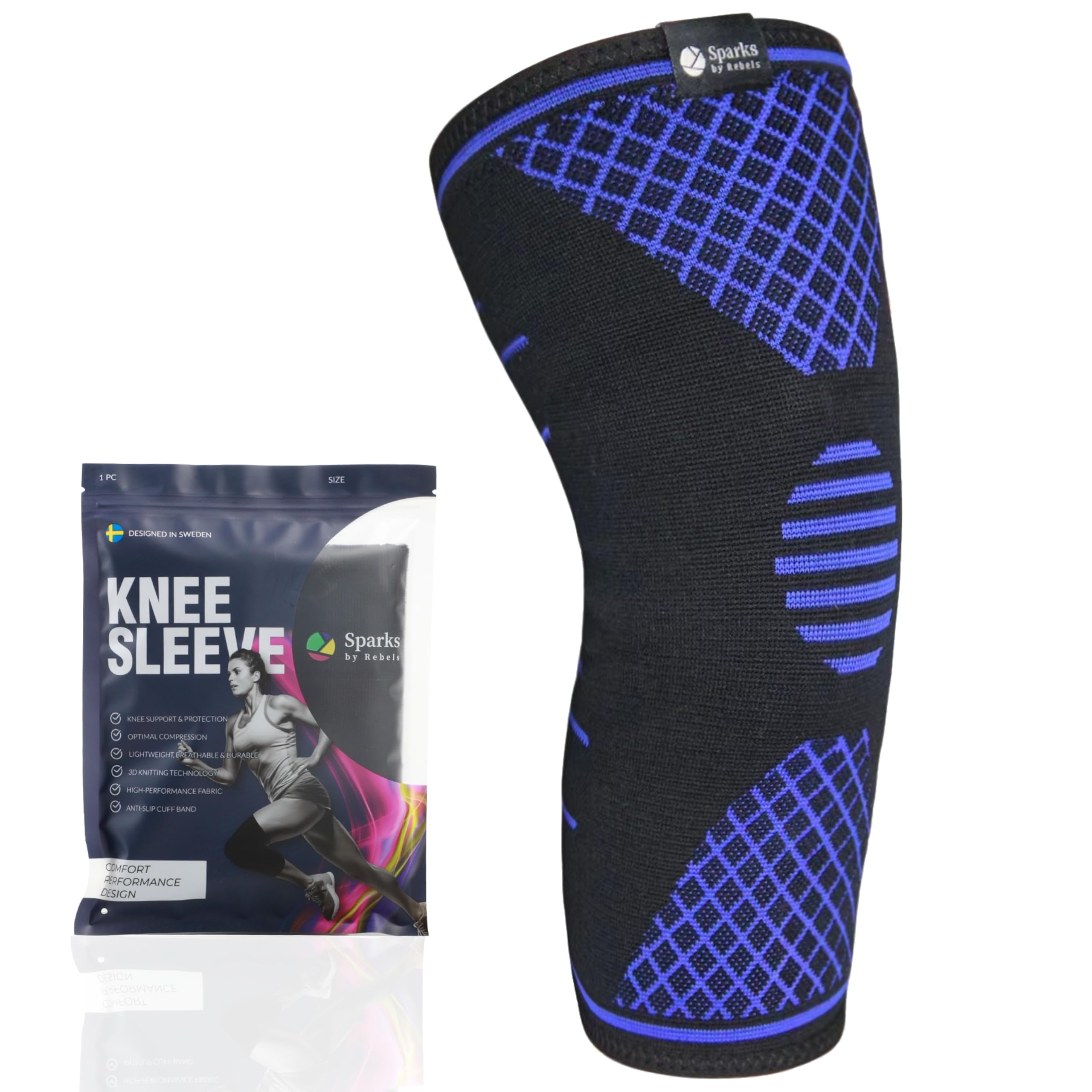 Sparks by Rebels Knee Compression Sleeves for Men & Women, Knee Support for Running, CrossFit, Hiking, Badminton, Pain Relief & Recovery for Meniscus Tears & Arthritis (1pc, Blue M)