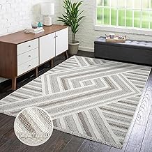carpet city Short Pile Living Room Rug – Grey, Beige – 160 x 230 cm – Fringe Boho Style Rugs – Geo Pattern – Bedroom, Dining Room