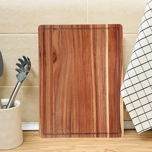 Miniatura 7 de Tabla de cortar de madera de acacia grande de 20 pulgadas de grosor, tabla de cortar de madera reversible para cocina, tabla de embutidos con ranura