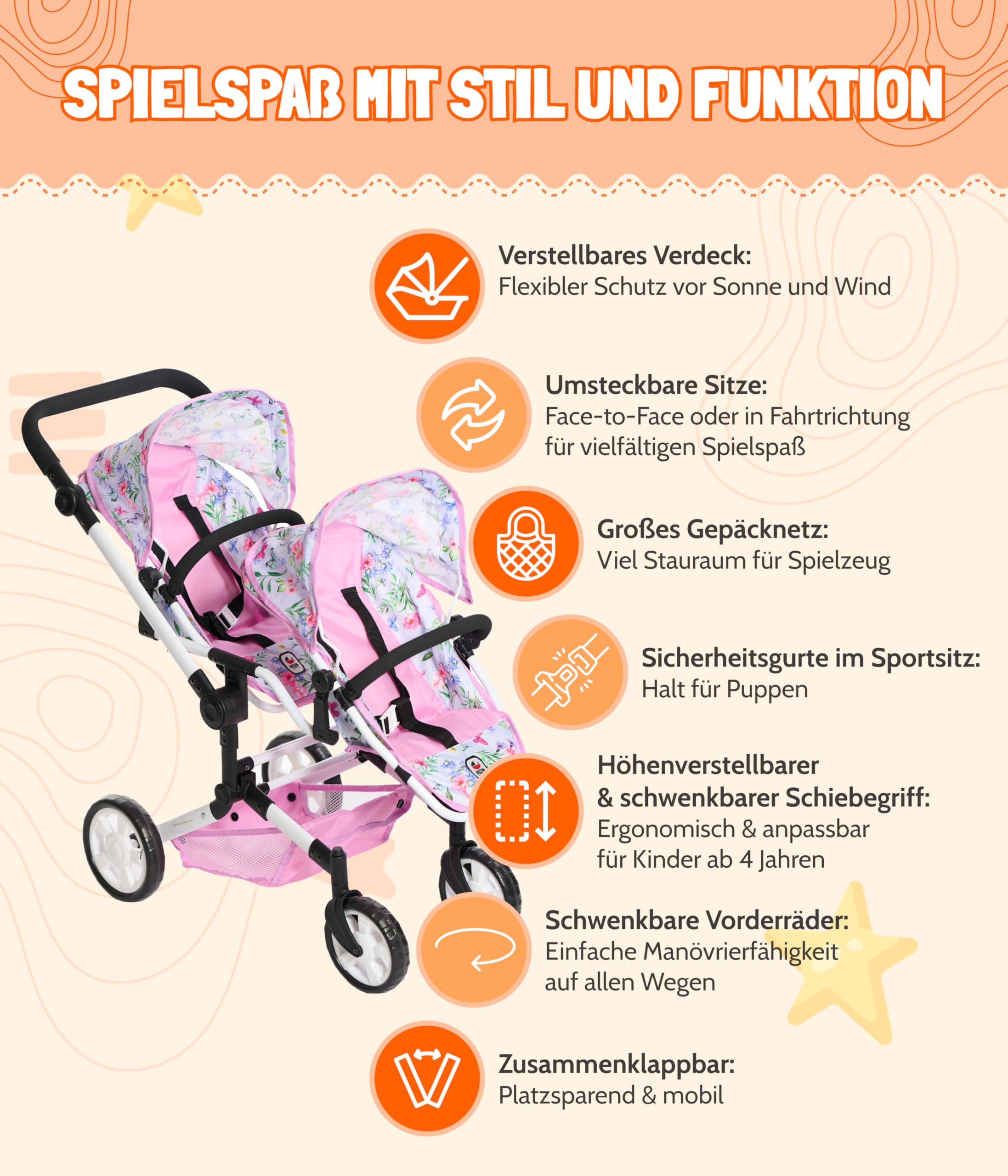 Bayer Chic 2000® Wózek dla lalek Linus Duo – Flowers Rosa – składany wózek dla lalek bliźniaczek – regulowany uchwyt 50-82 cm – lalki do 50 cm – 4-8 J.