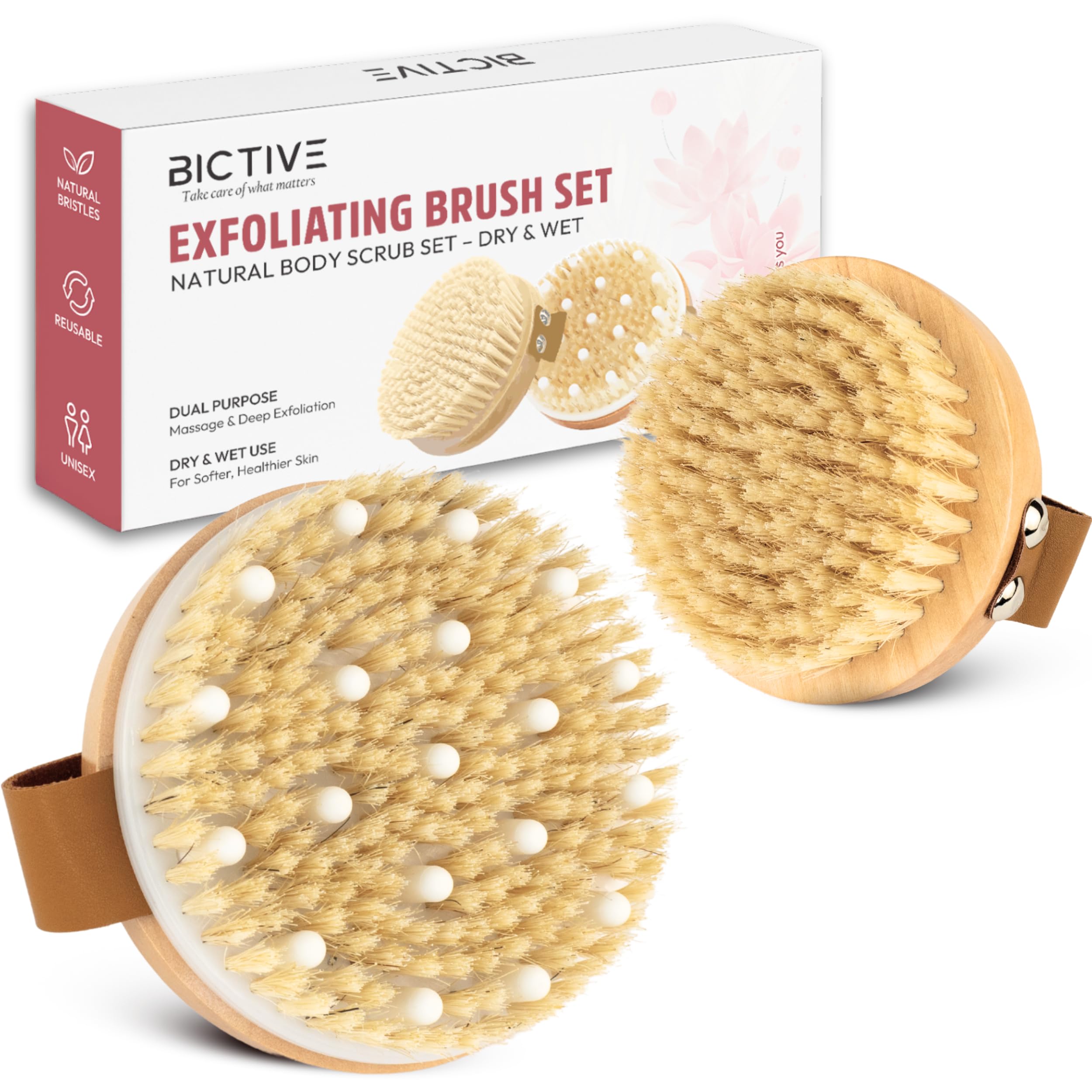 Kit Premium de 2 Brosses de Corps à Sec avec Poils Naturels. Brosse Exfoliante pour le Corps. Brossage à Sec de Cellulite, Drainage Lymphatique, Circulation & Éclat de la Peau. Dry Brush