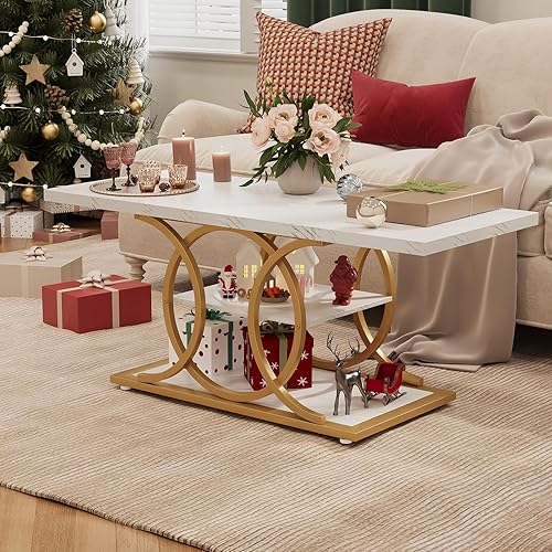 Miniatura 6 de GiftGo Mesa de café rústica con almacenamiento moderna de 3 niveles, mesa central para sala de estar de mármol falso, mesa de cóctel y té de madera