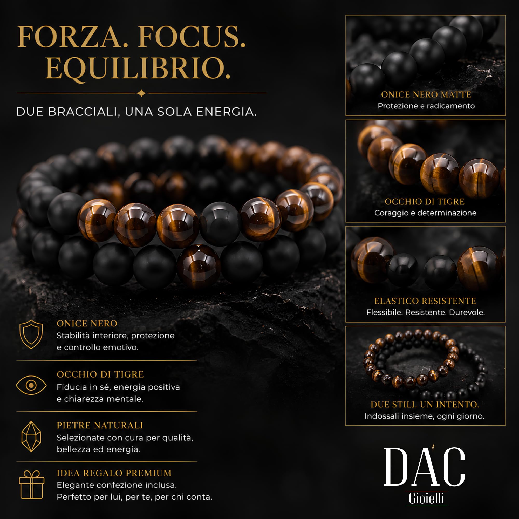 DAC Bracciale Uomo 2 pezzi Con Pietre Naturali Braccialetto Scatola Regalo Fidanzato Donna Chakra con Vere Pietre Naturali Tibetano Yoga Gioielli