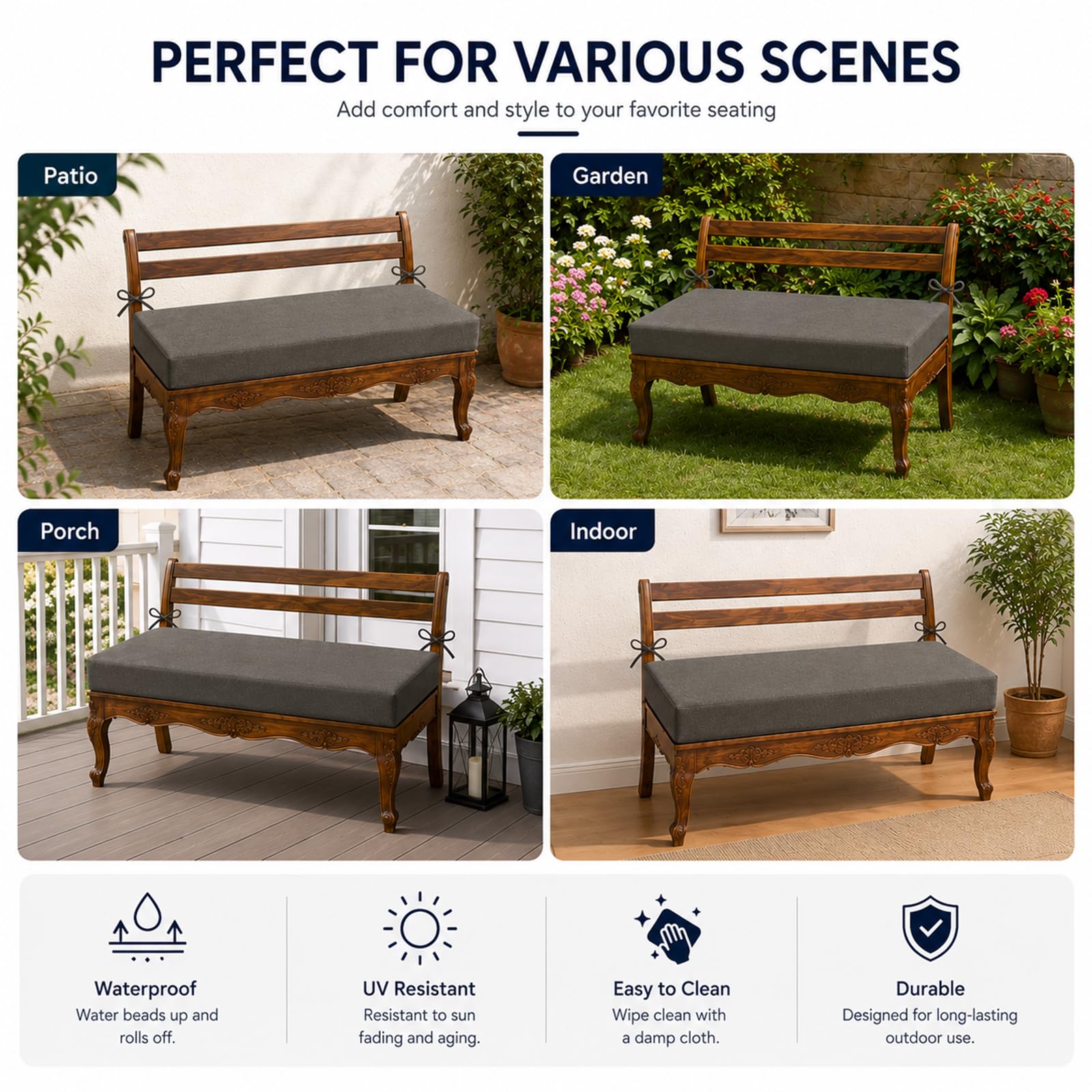 Cuscino per Panchina da Esterno, Cuscini per Divano Esterno Giardino in Memory Foam Impermeabile, Seduta Spessa per Altalena e Veranda, Sfoderabile,Cachi,60x40x5cm