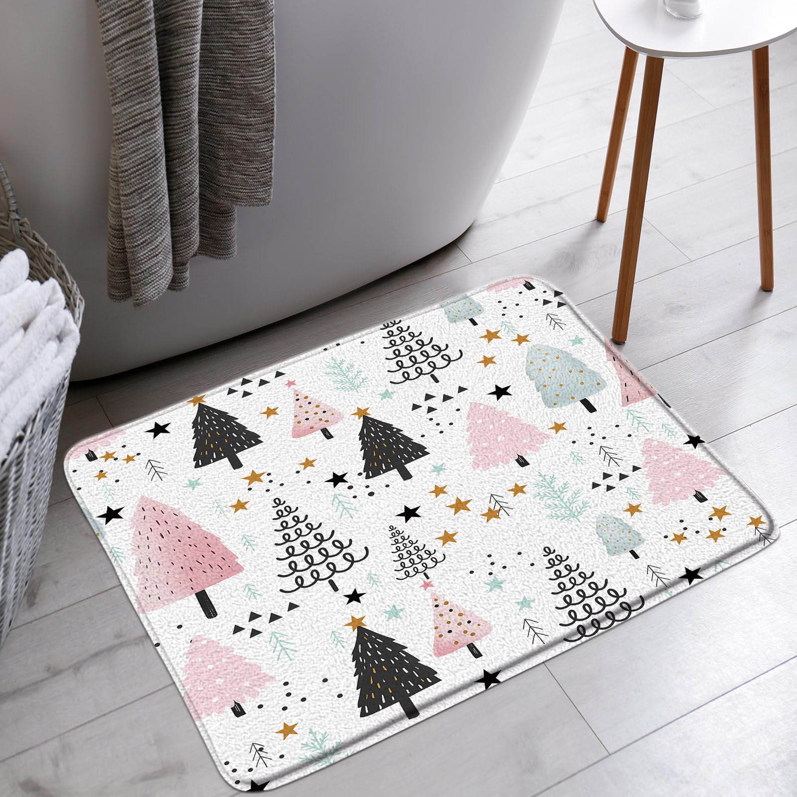 AMFD Merry Christmas Bath Mat Cute Xmas Tree Snowflake Star Pine Tree Forest Winter Holiday Featival Bathroom Bathtub