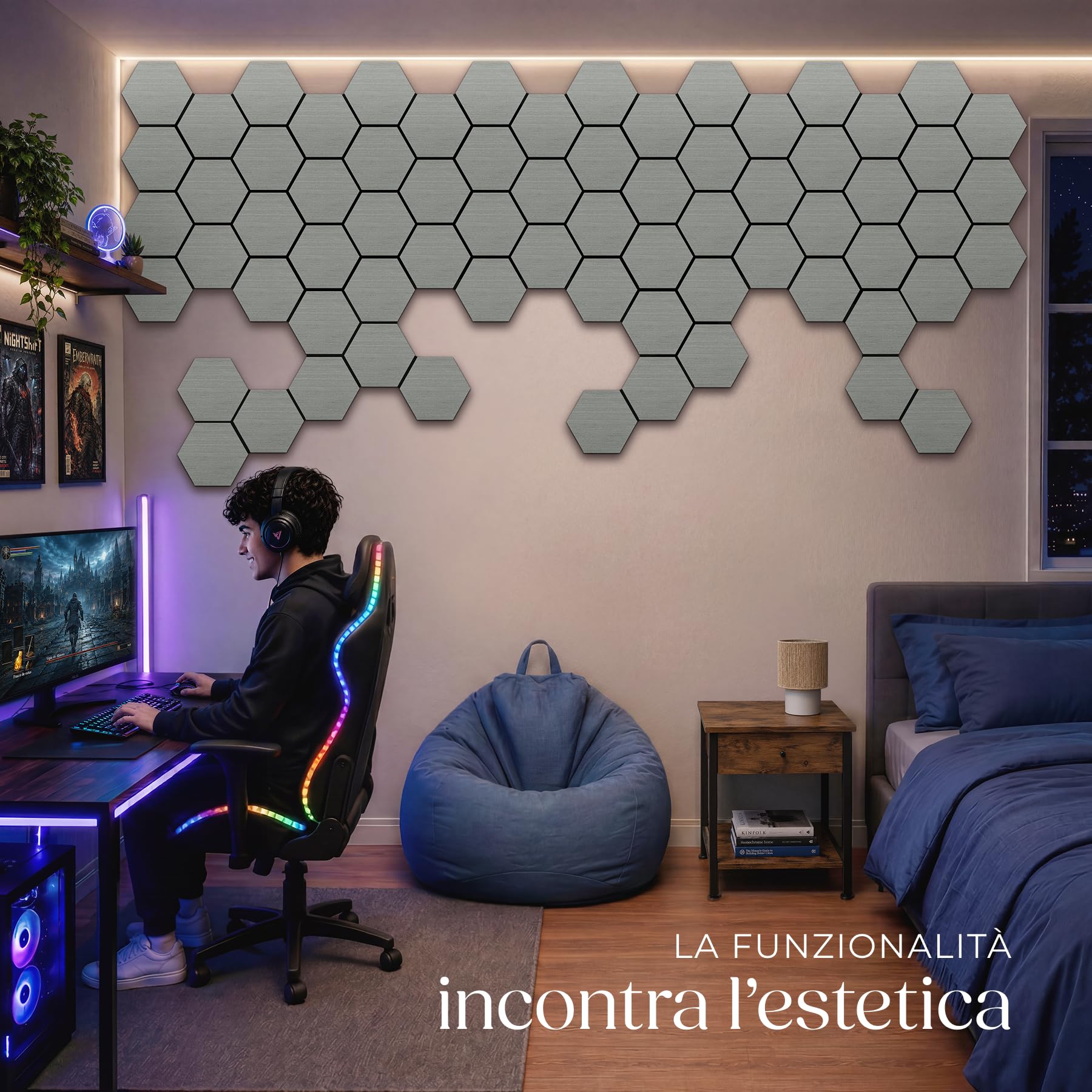 tectake® Set da 6 Pannelli Fonoassorbenti legno, 76 x 62 cm, Pannelli Decorativi per Pareti, Effetto Legno, MDF e Feltro, Assorbimento Acustico, Design Esagonale, Monta Facile - Rovere Grigio Chiaro