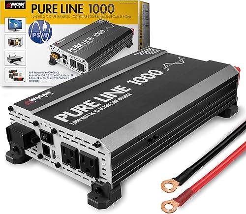 Wagan EL3804 - Inversor de línea pura de 1000 W CC de 12 V a 110 V CA inversor de corriente de onda sinusoidal pura para el hogar, RV, campamento,