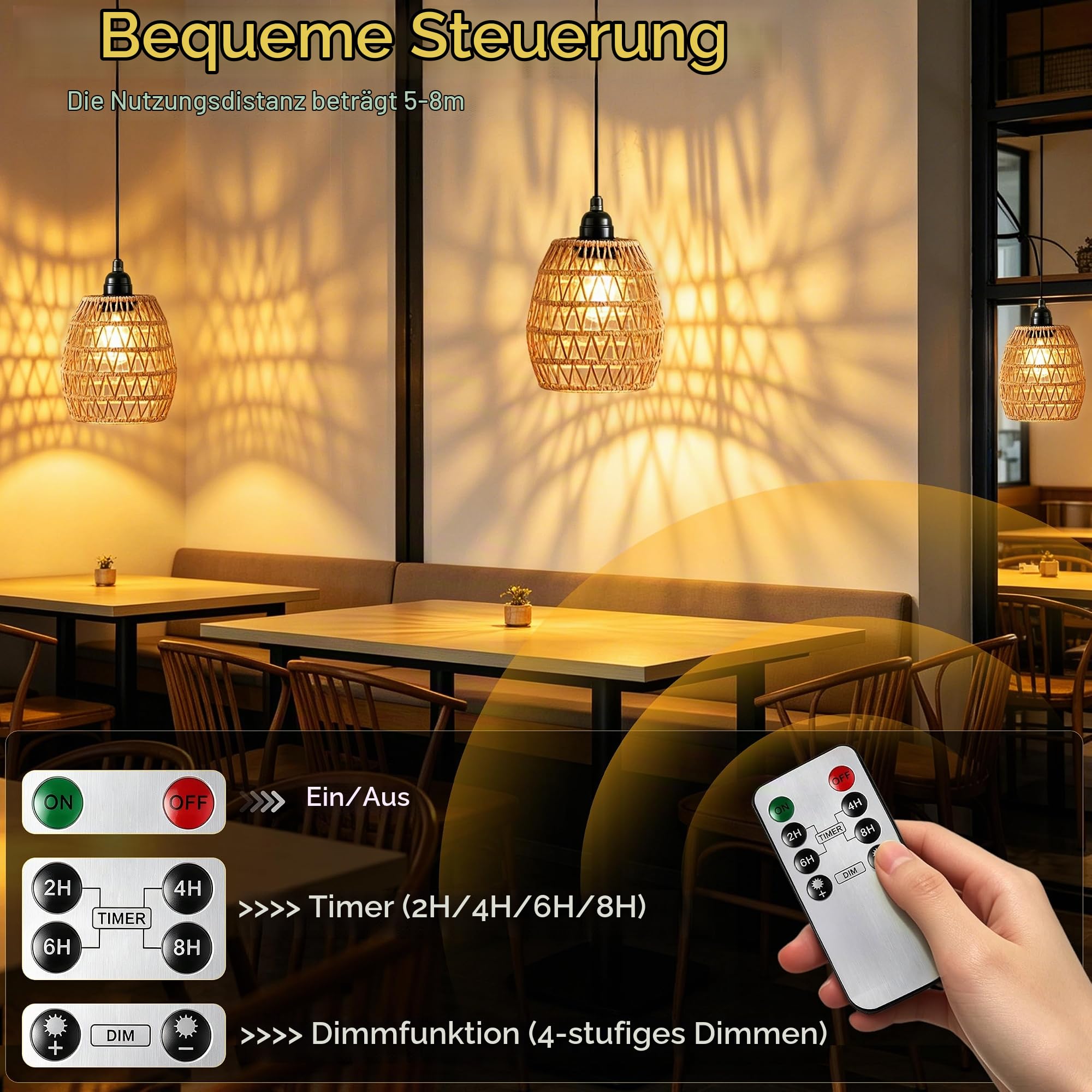 3 x Rattan Hängelampe mit Batterie, Dimmbar Hängeleuchte Batteriebetriebene Lampe mit Fernbedienung Ohne Stromanschluss, Außen Innen Tragbare Boho Korb Lampenschirm Pendelleuchte für Garten Balkon